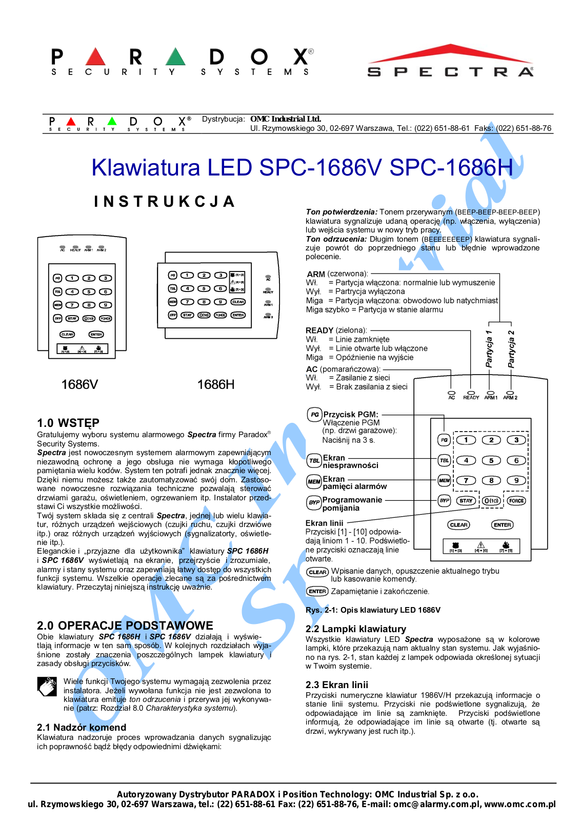 Paradox SPC-1686H, SPC-1686V Instructions Manual