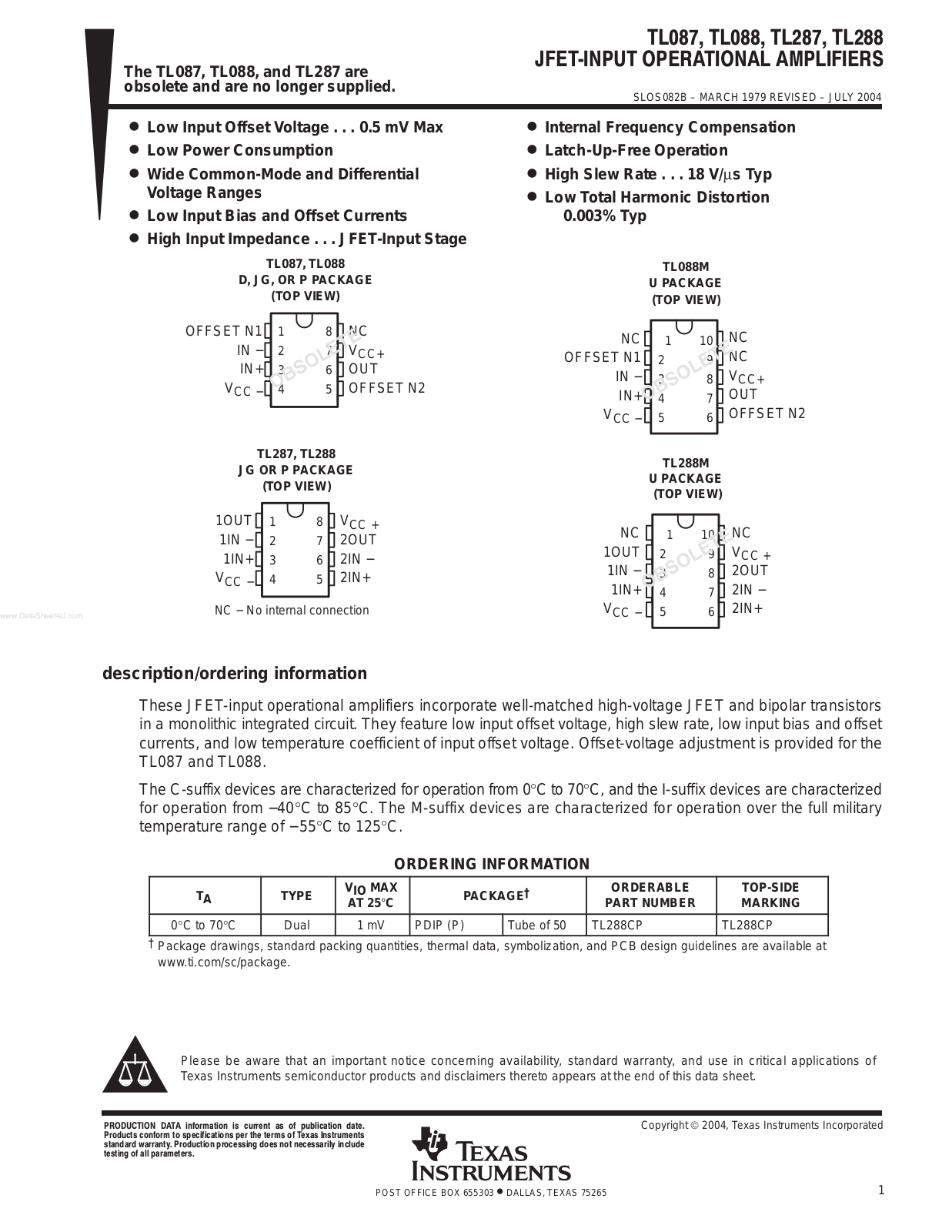 Texas Instruments TL 287, TL 288, TL 087, TL 088 INSTALLATION INSTRUCTIONS