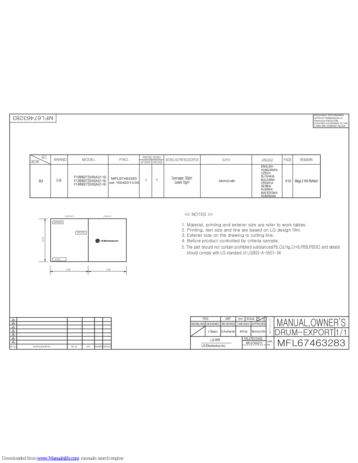 LG F14B9Q/TDA9, F10B9Q/TDW2, F10B9Q/TD3, F12B9Q/TDA9, F10B9Q/TDA9 Owner's Manual