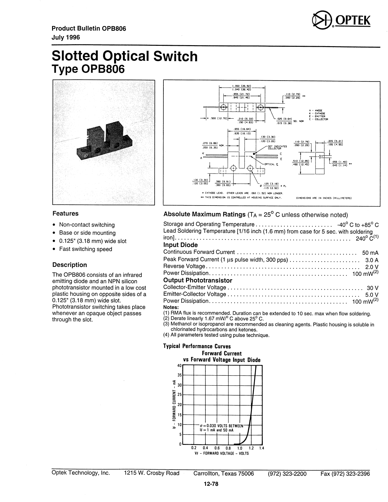 OPTEK OPB806 Datasheet