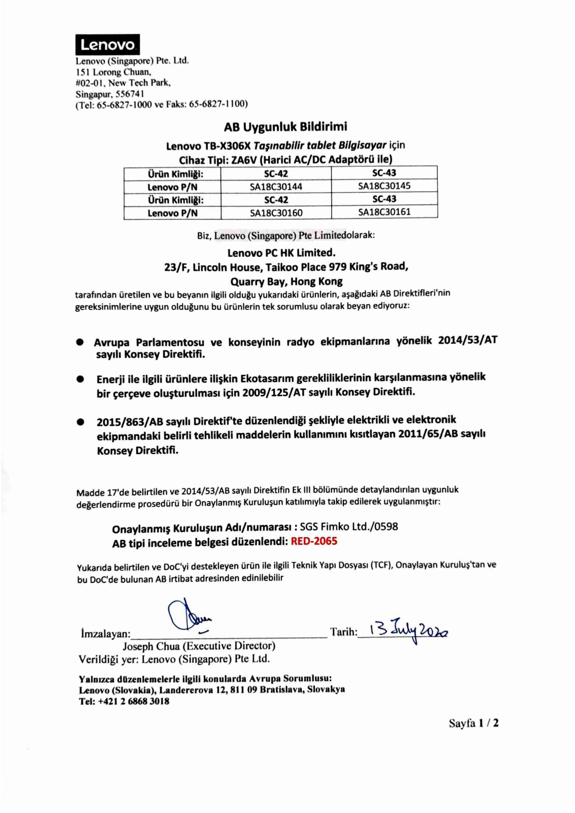 Lenovo TB-X306F Declaration of Conformity