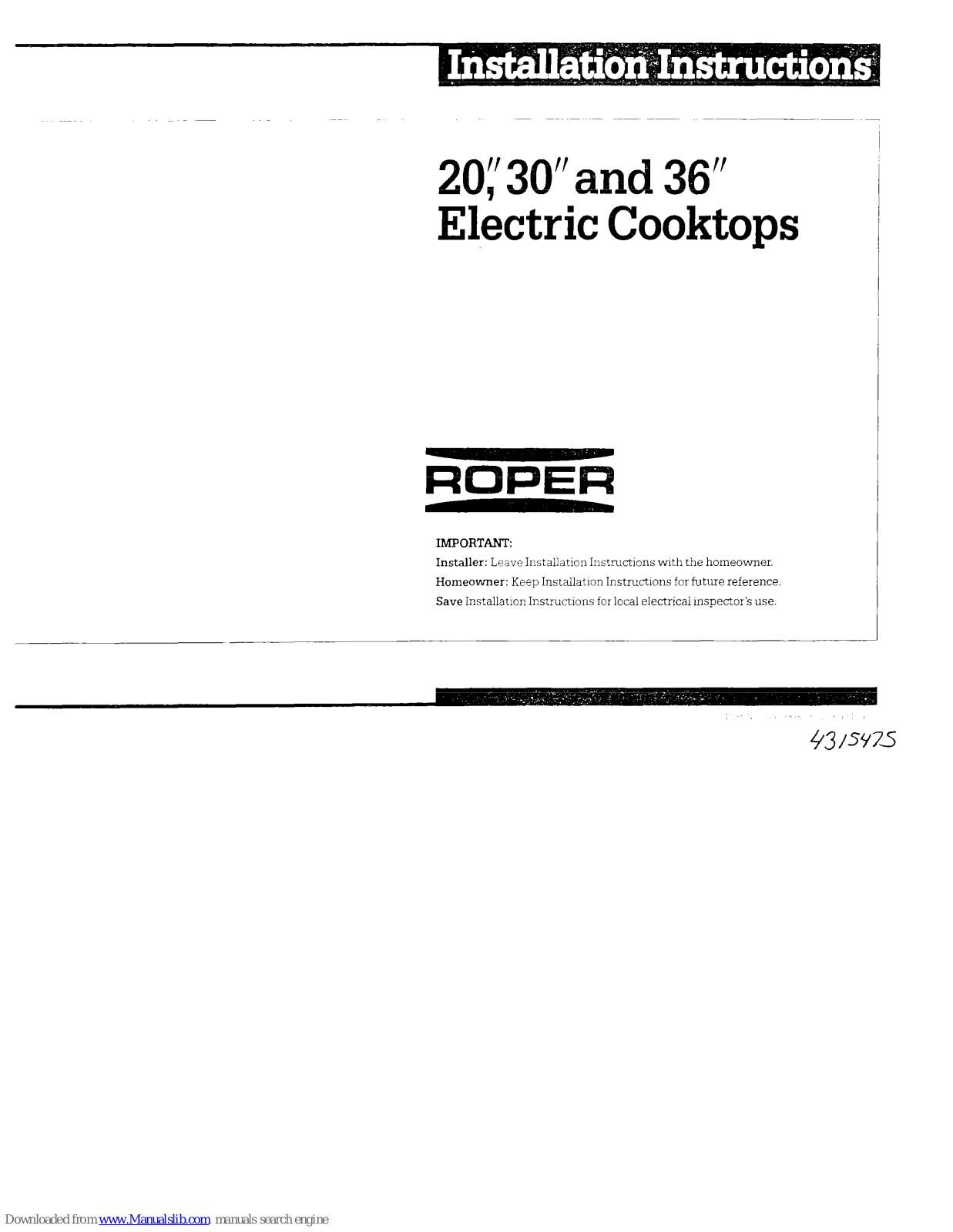 Roper 20inch, 36 inch, 30 inch Installation Instructions Manual - ManualMachine.com