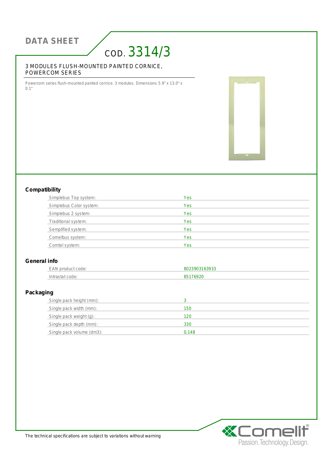 Comelit 3314-3 Specsheet