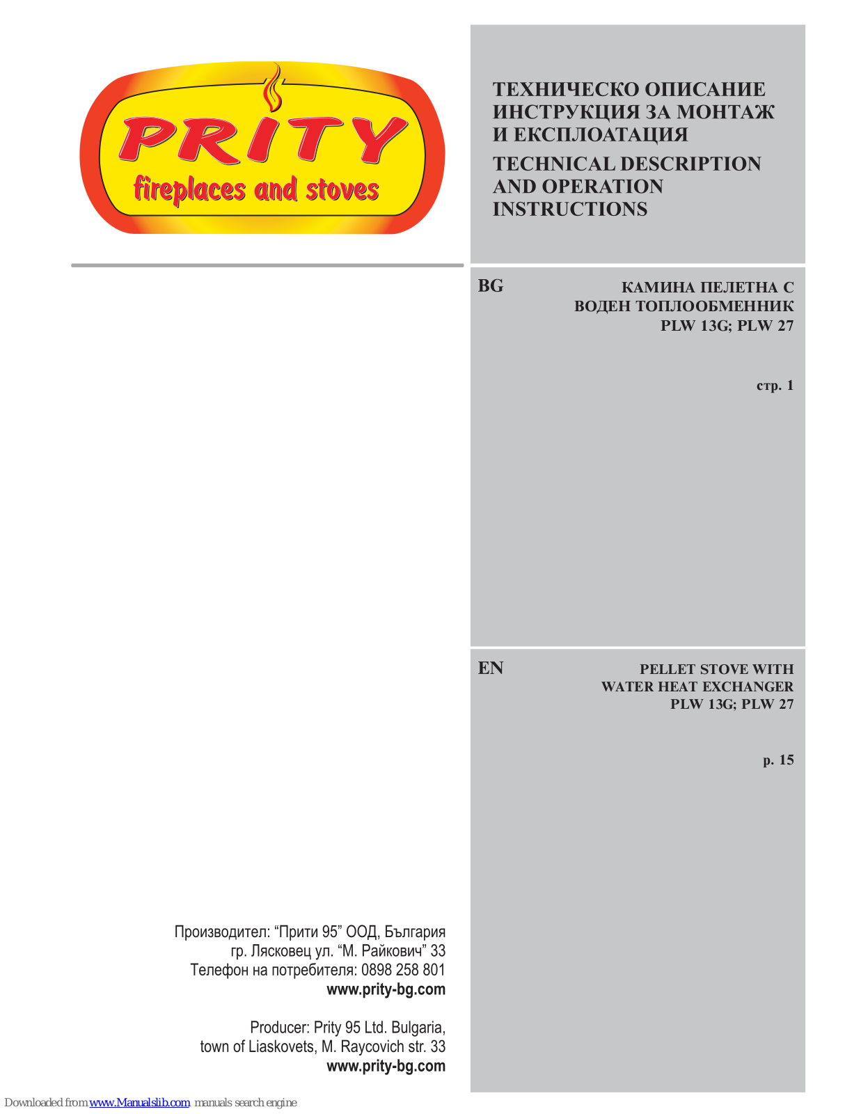 PRITY PLW 13G, PLW 27 Technical Description And Operating Instructions