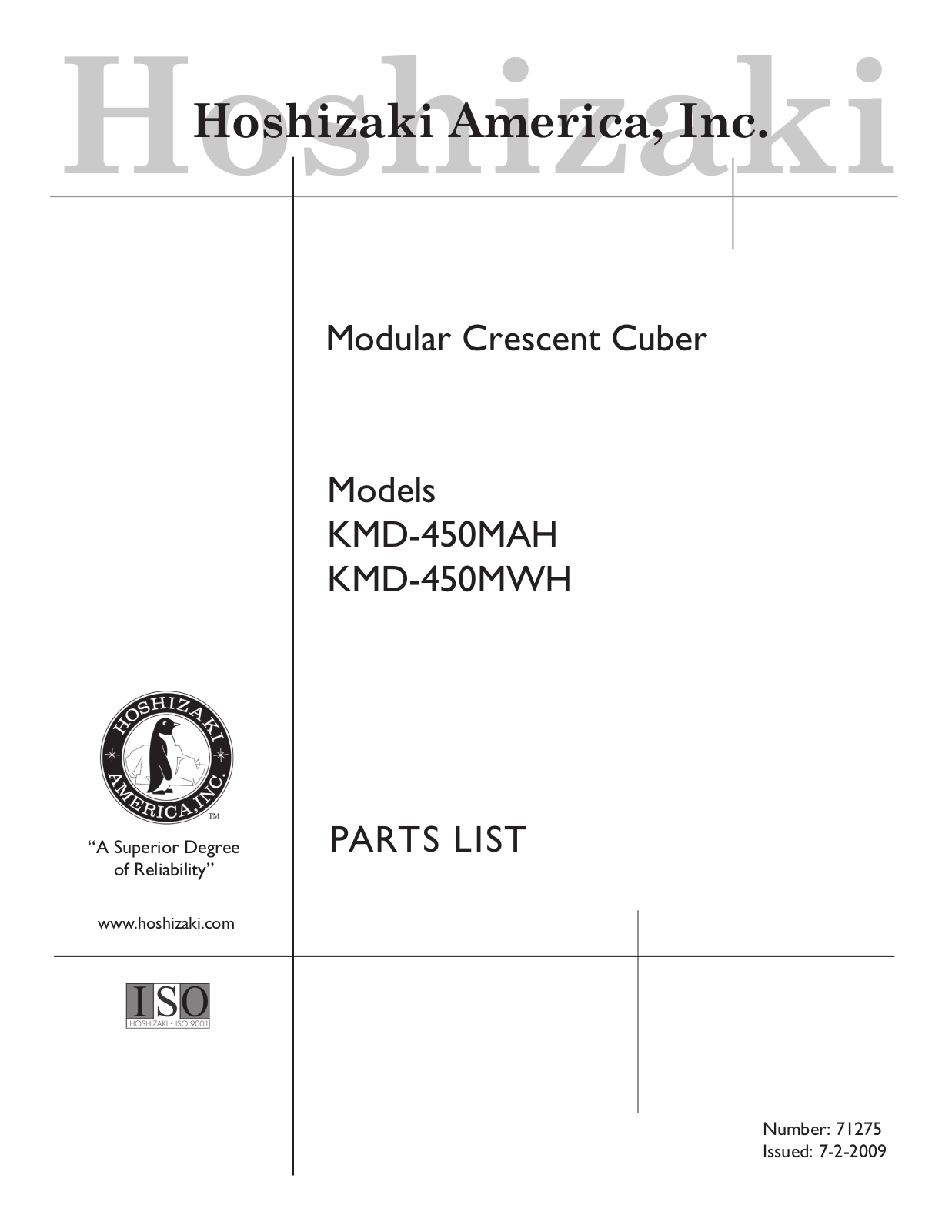 Hoshizaki America KMD-450MAH Parts List