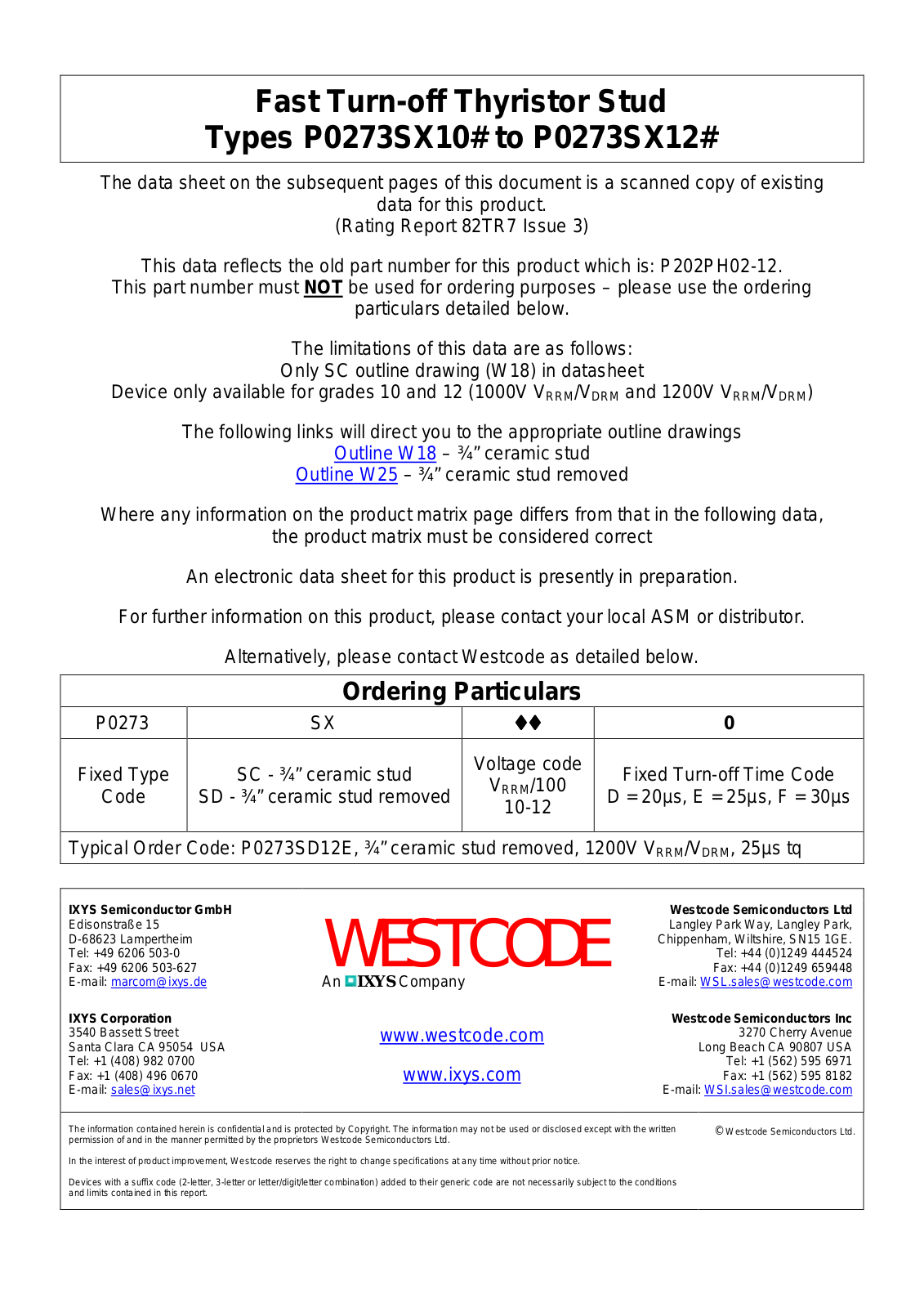 Westcode Semiconductors P0273SX10#, P0273SX12# Data Sheet