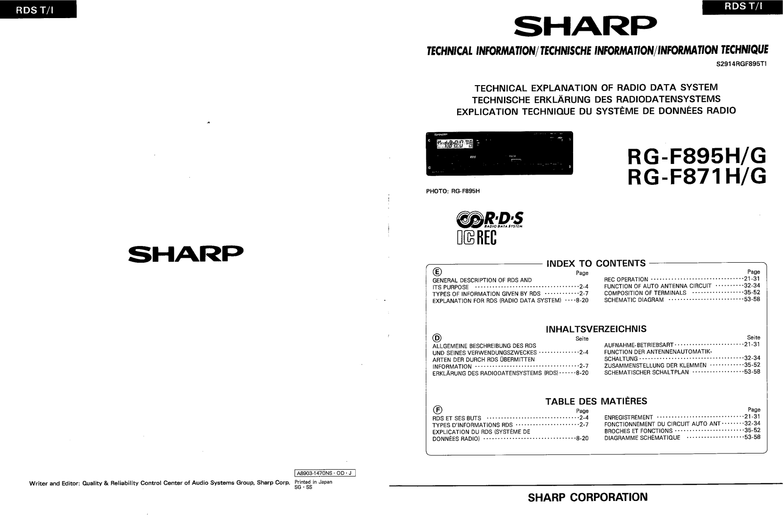 Sharp RGF-871-G, RGF-871-H, RGF-895-G, RGF-895-H Service manual