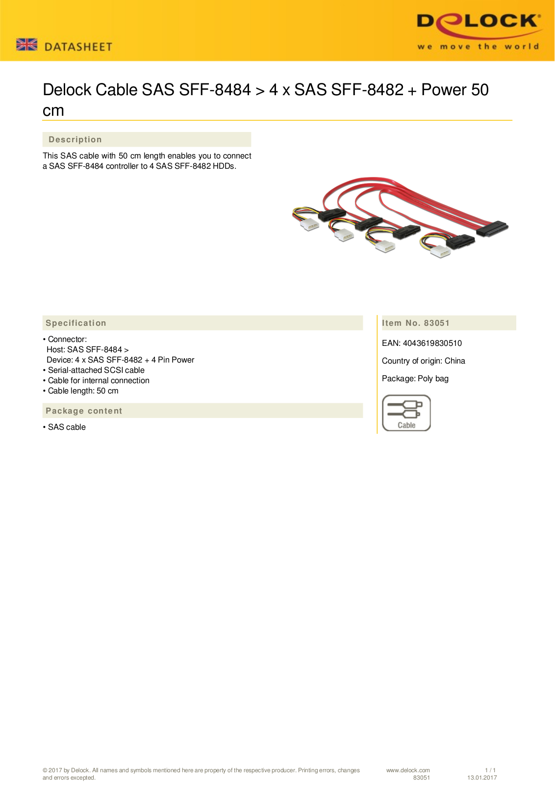 DeLOCK SAS  SFF-8484  to SAS  SFF-8484 , 0.5m User Manual