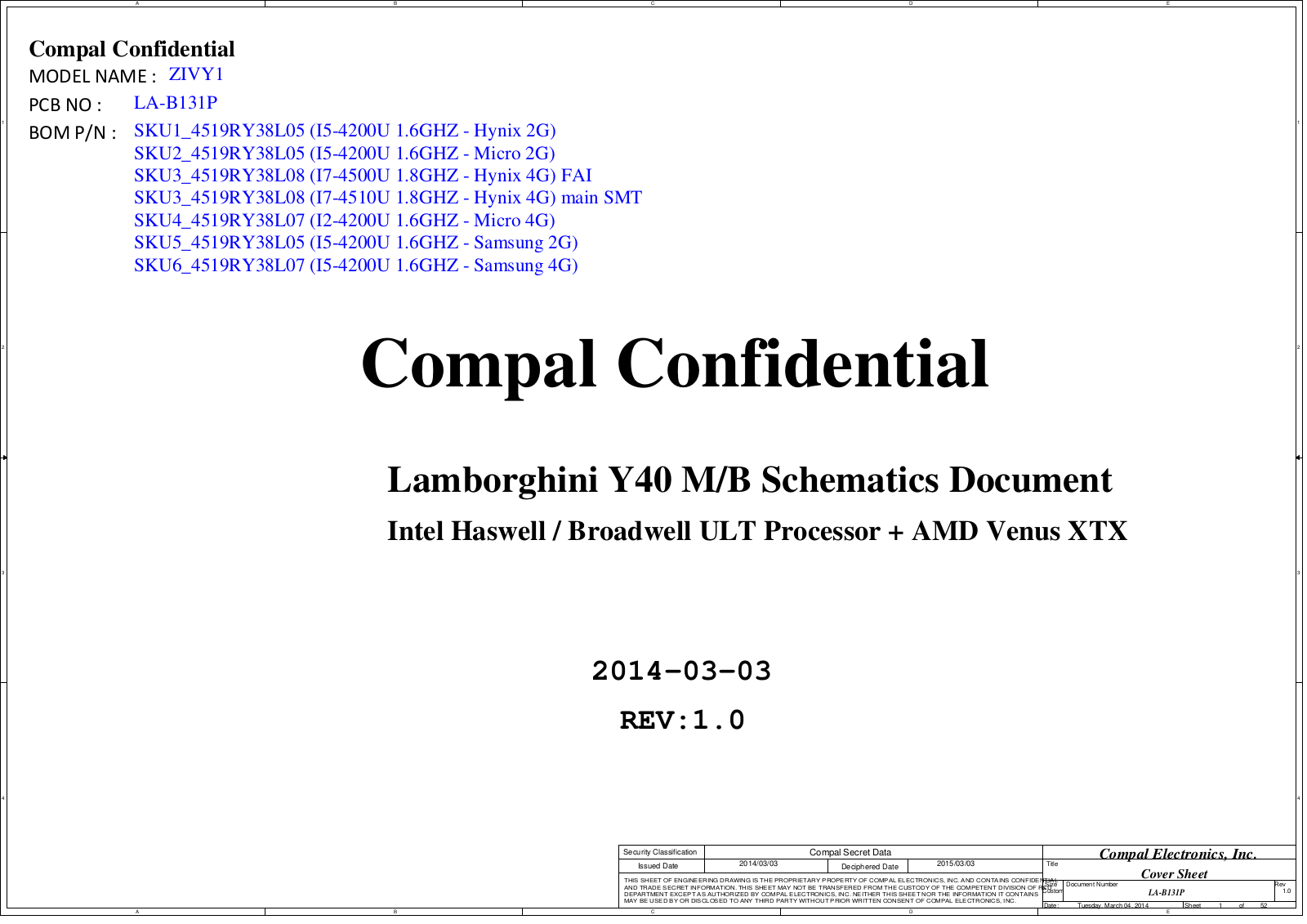 Compal LA-B131P ZIVY1, Y40, Y50 Schematic