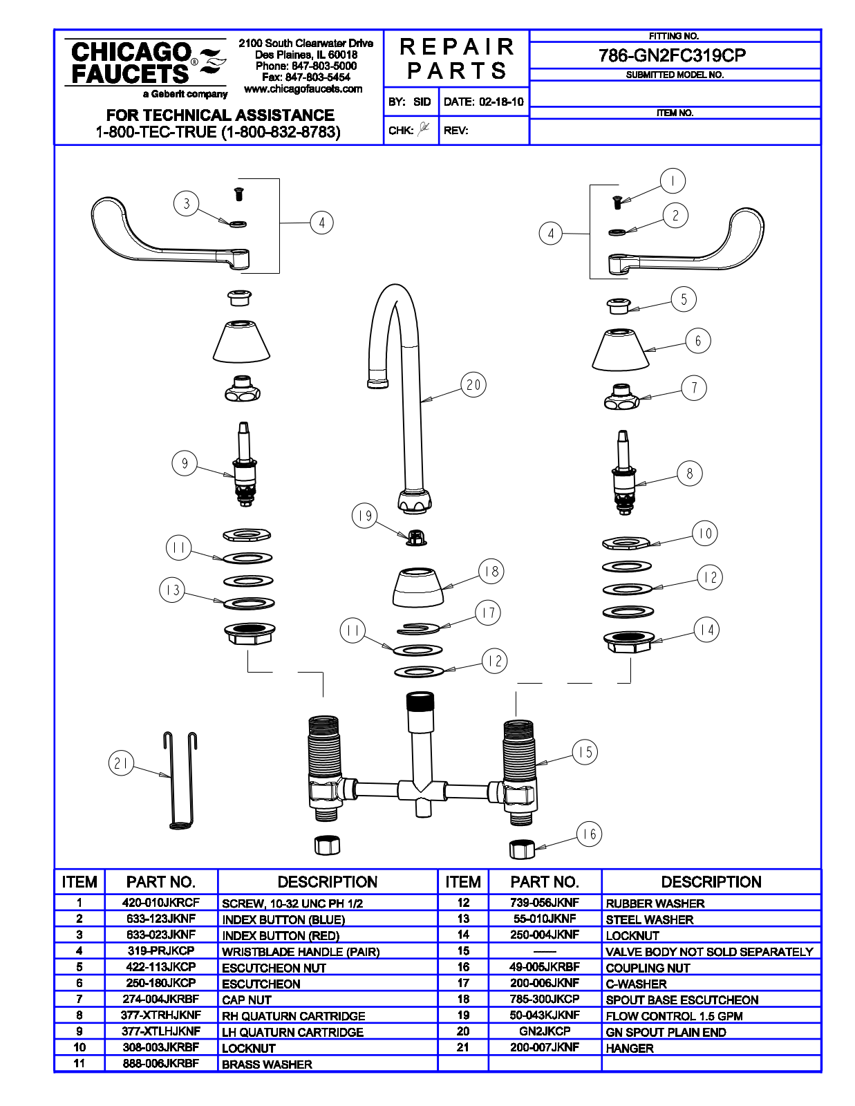 Chicago Faucet 786-GN2FC319CP Parts List