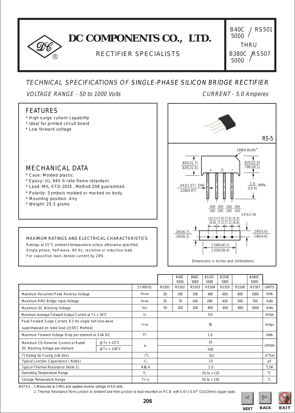 DC COMPONENTS RS504, RS505, RS506, RS507, RS501 Datasheet