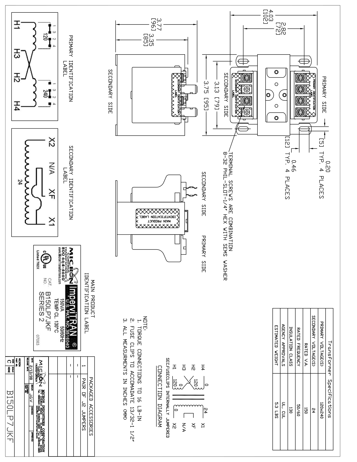 Micron Industries B150LP7JKF Specification Sheet