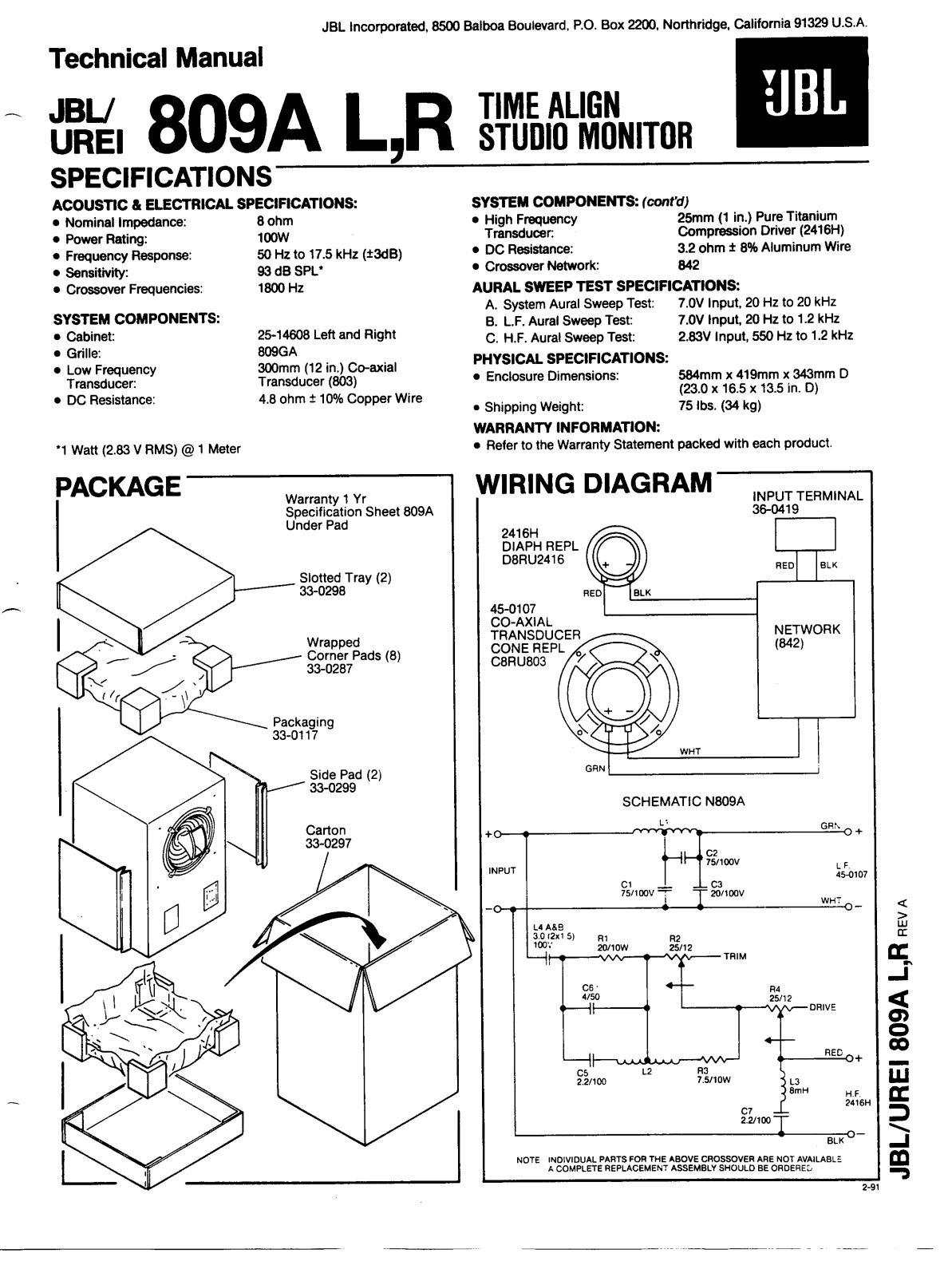 JBL 809A, 809L, 809R Technical Manual