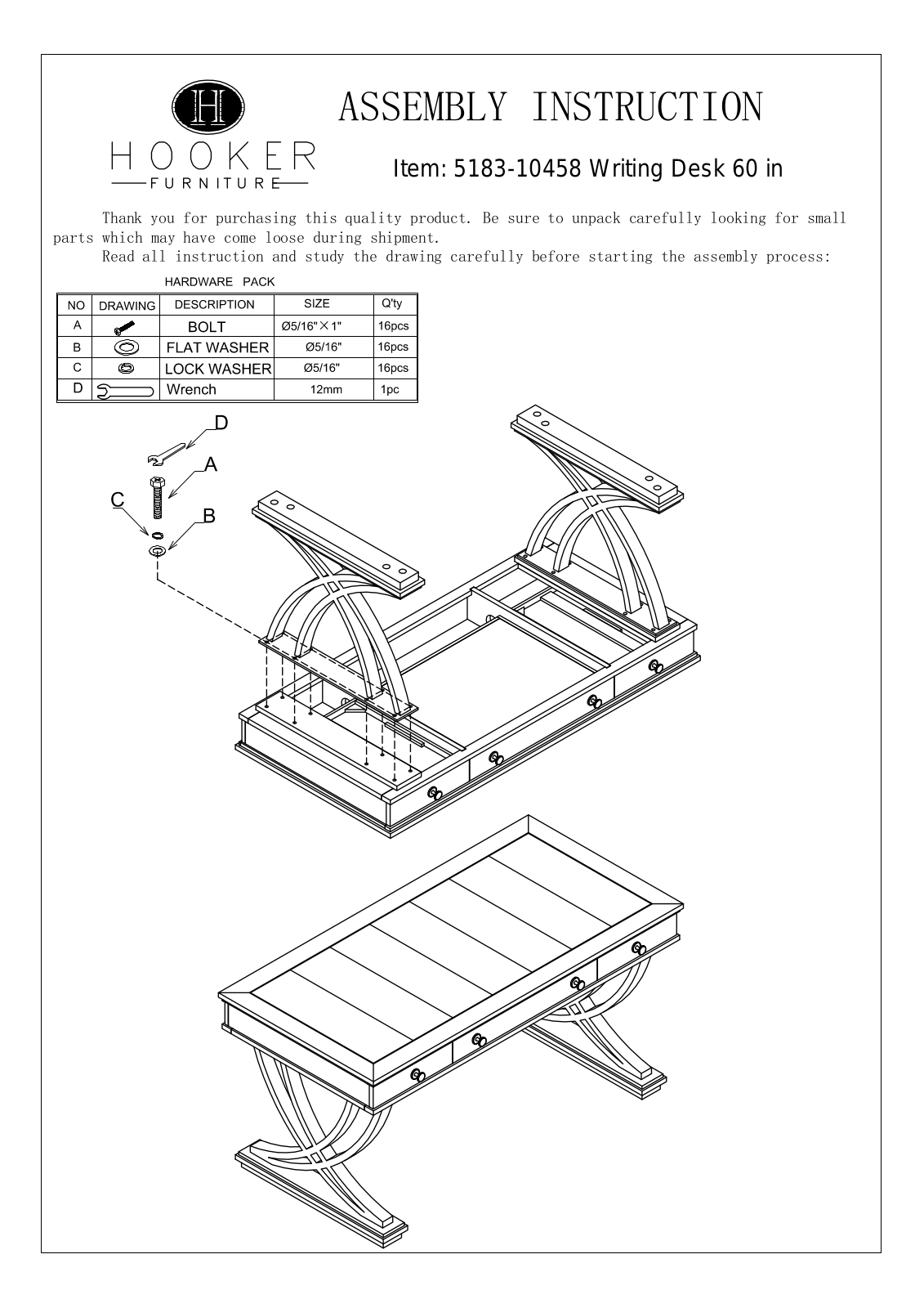 Hooker Furniture 518310458 Assembly Guide