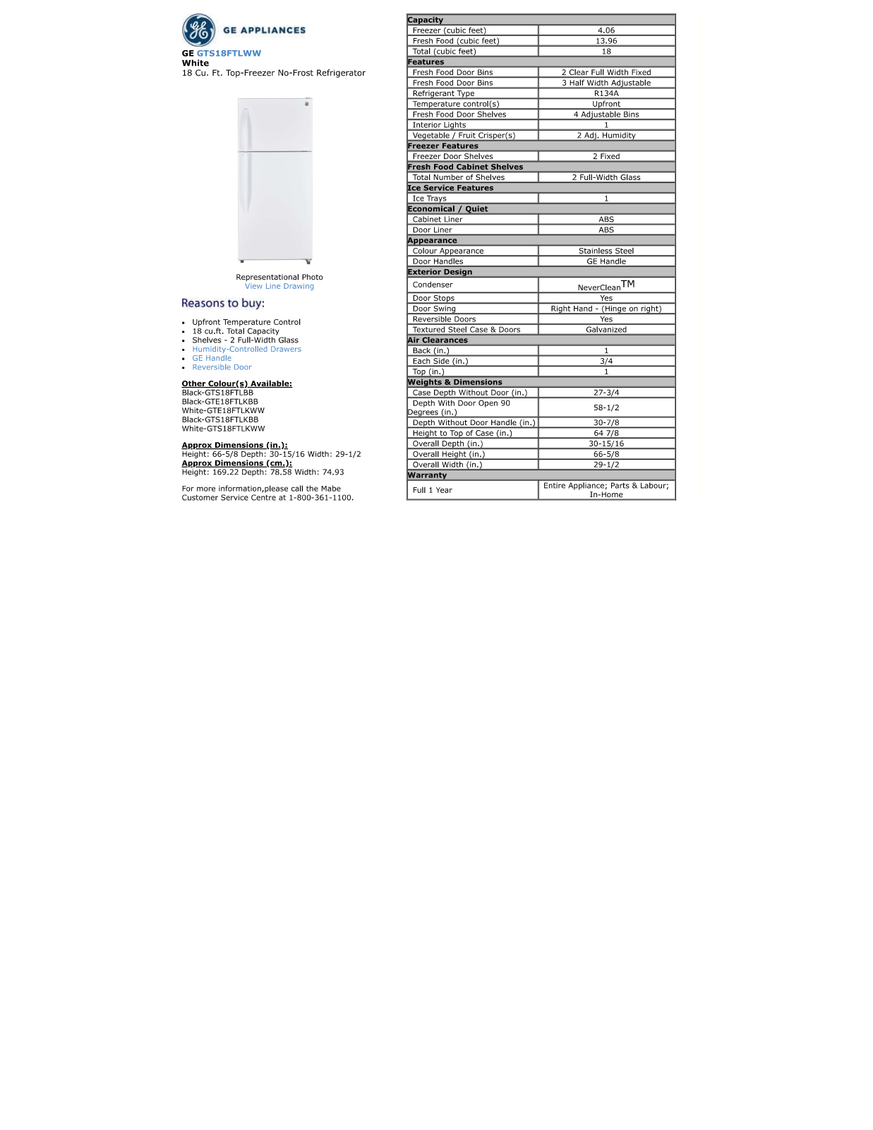 GE GTS18FTLKBB, GTE18FTLKWW, GTS18FTLKWW PRODUCT SPECIFICATIONS