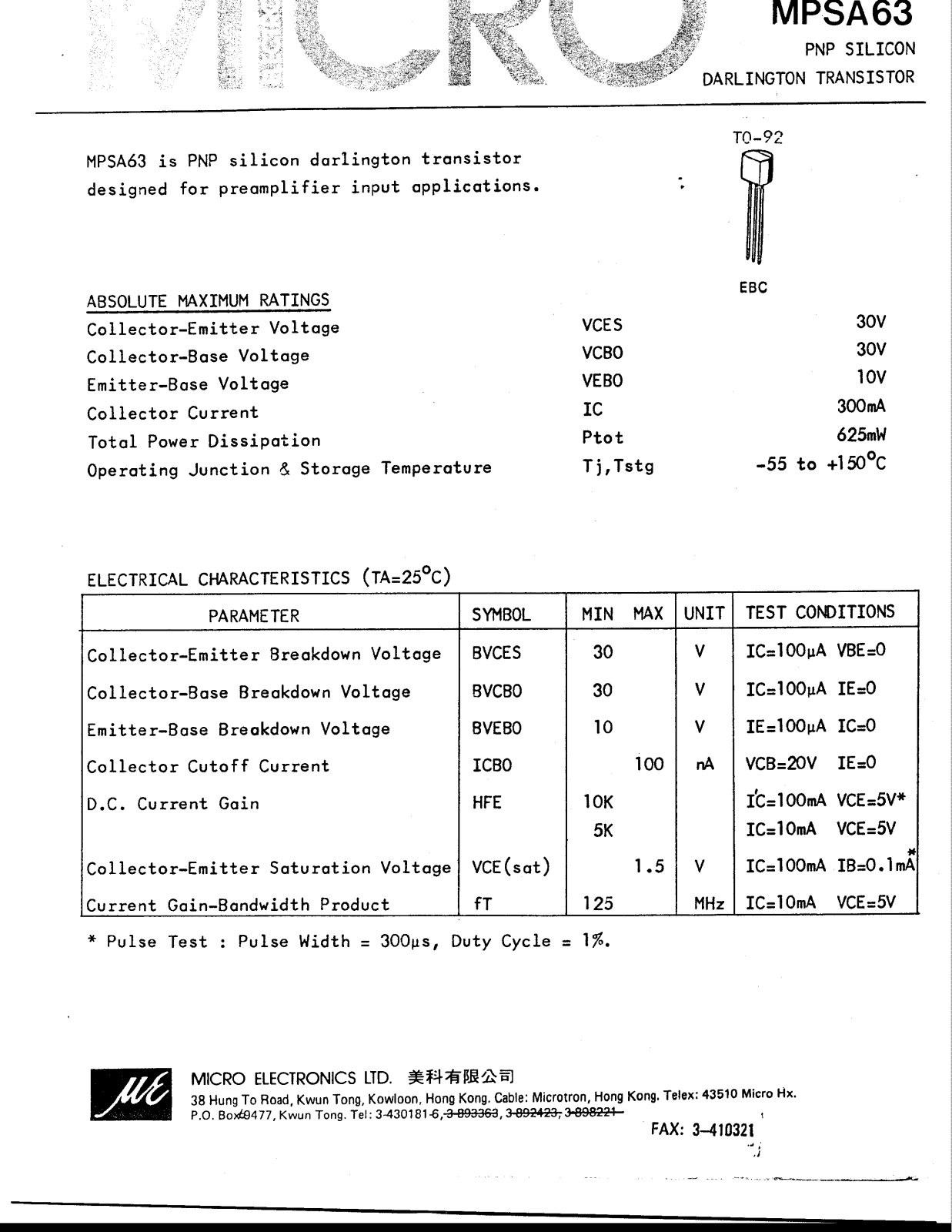 MICRO MPSA63 Datasheet