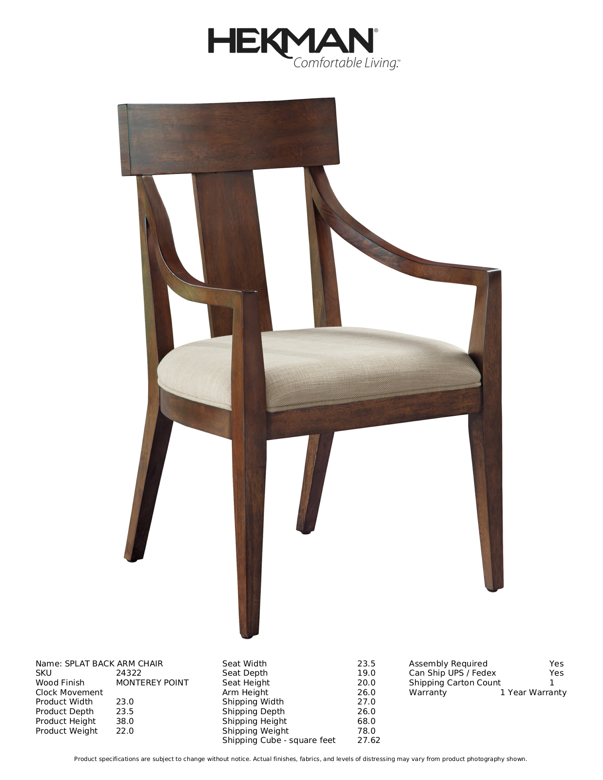 Hekman W001922212 Specifications - ManualMachine.com
