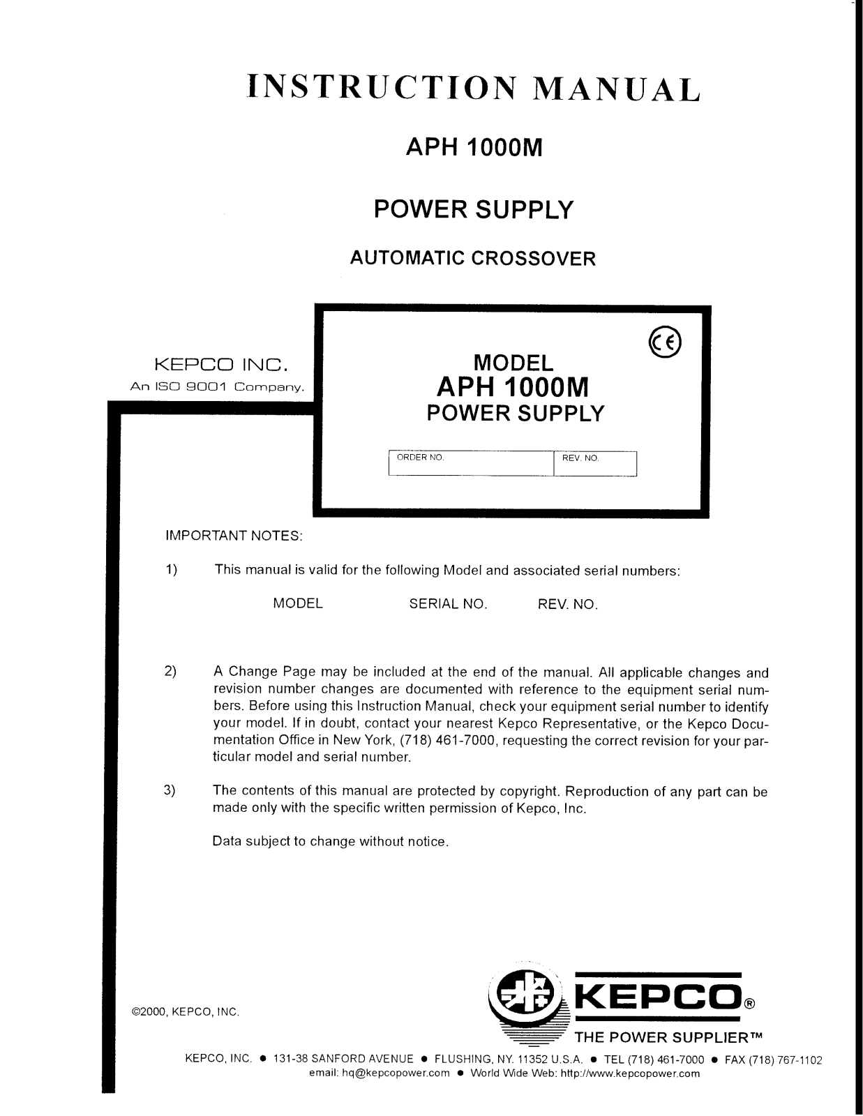 Kepco APH 1000M Instruction Manual