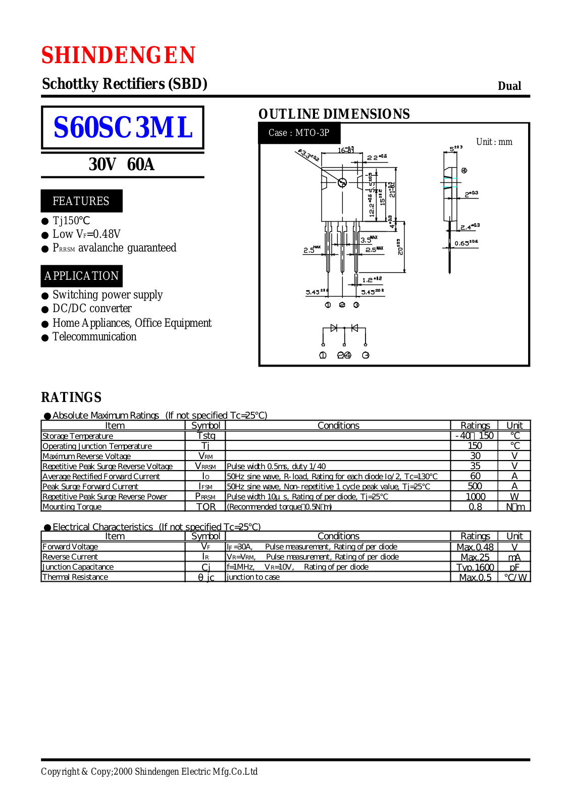 Shindengen Electric Manufacturing Company Ltd S60SC3ML Datasheet