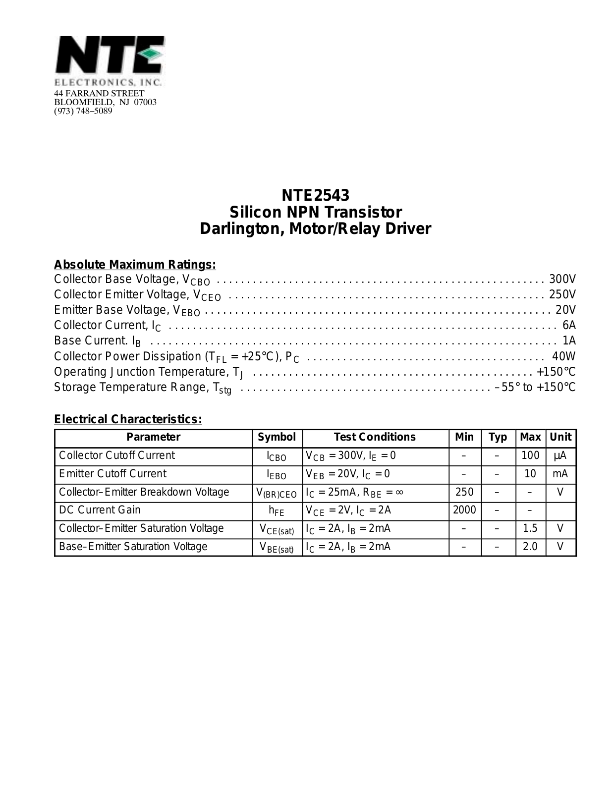 Datasheet NTE2543 Datasheet (NTE) - ManualMachine.com