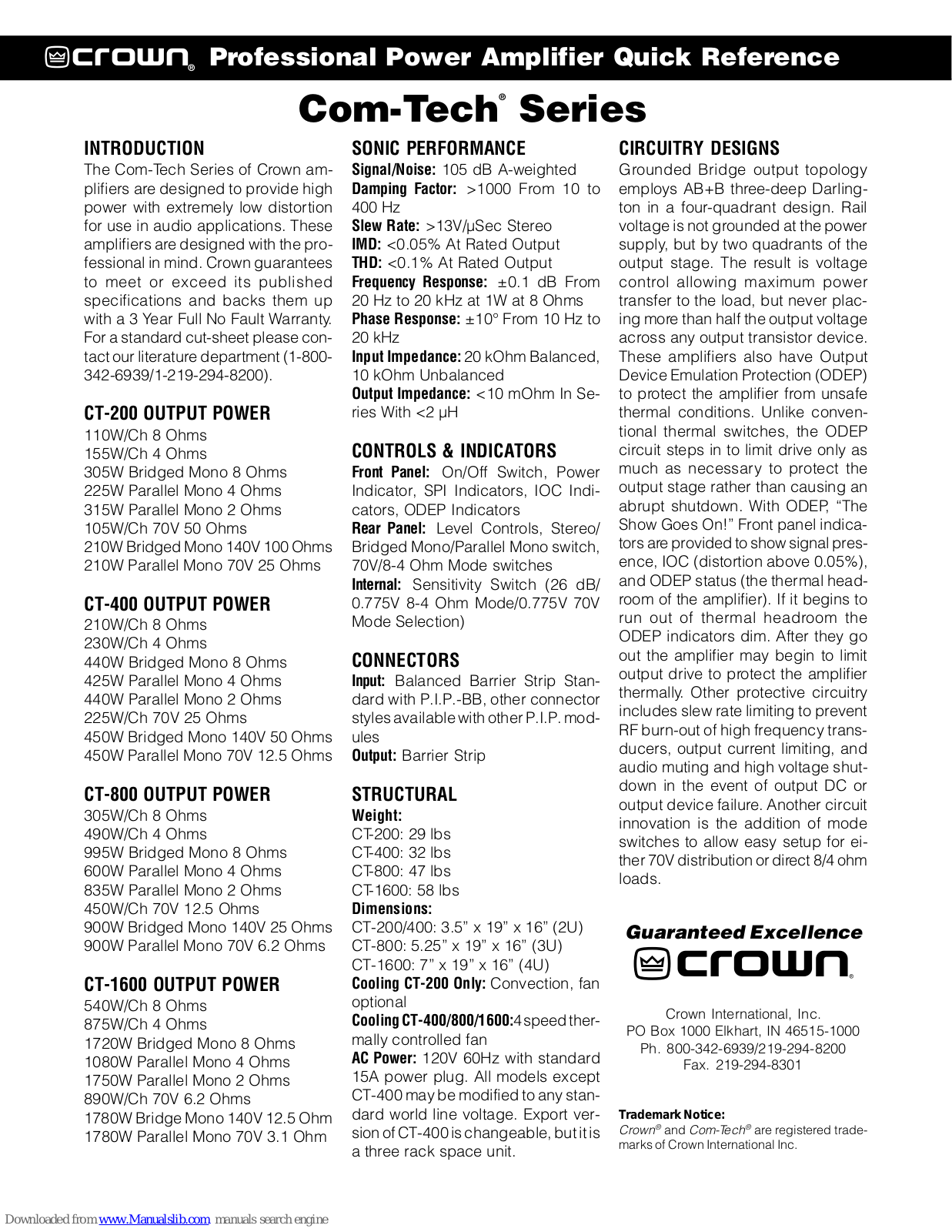 Crown Com-Tech CT-200B, Com-Tech CT-1600B, Com-Tech CT-1610, Com-Tech CT-200, Com-Tech CT-210 Quick Reference