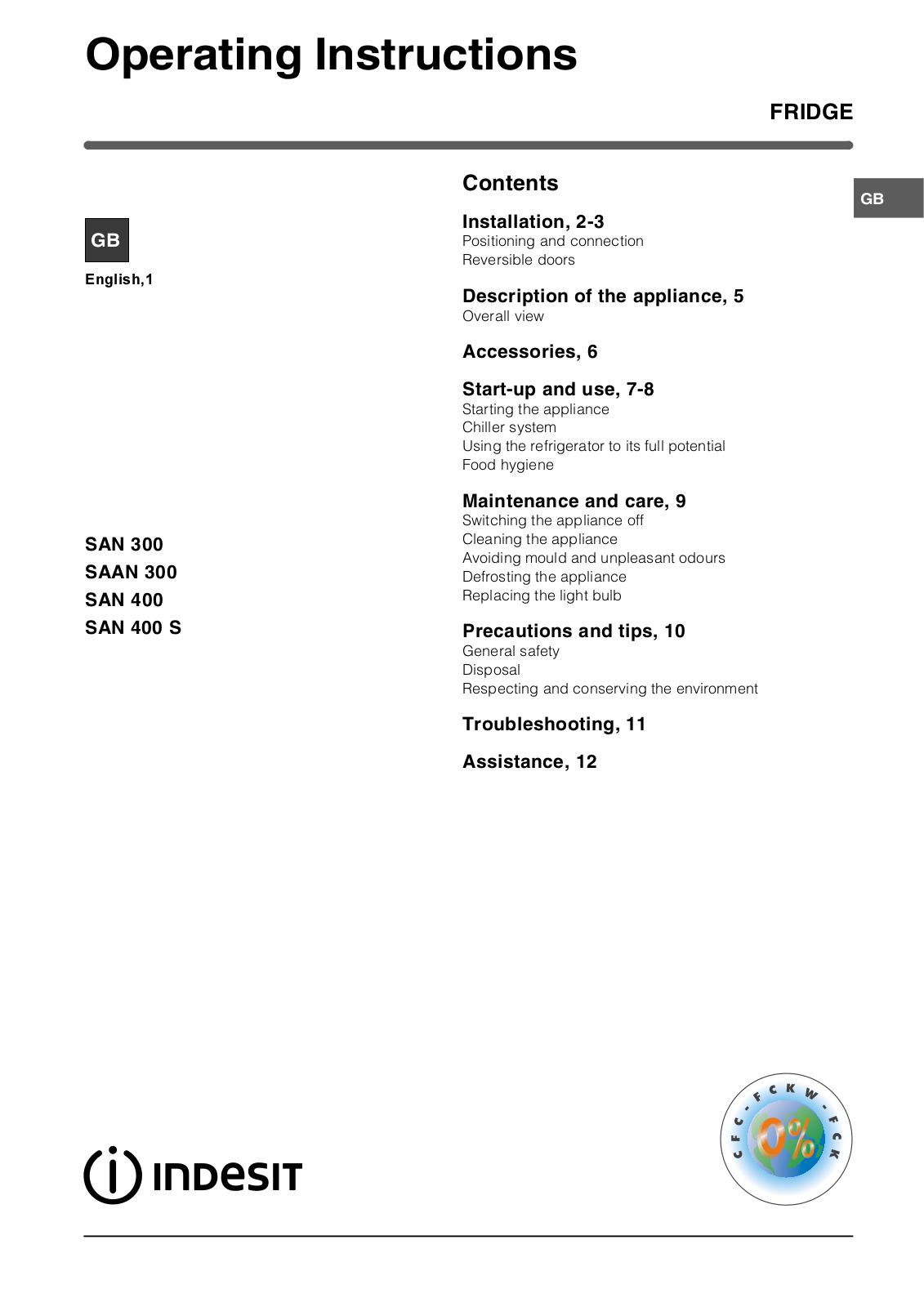 Indesit SAN 300, SAN 400, SAN 400 S, SAAN 300 User Manual