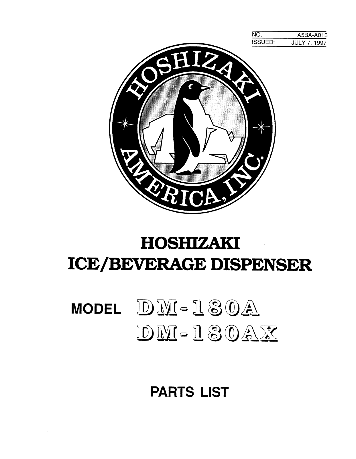 Hoshizaki DM-180A Parts Manual