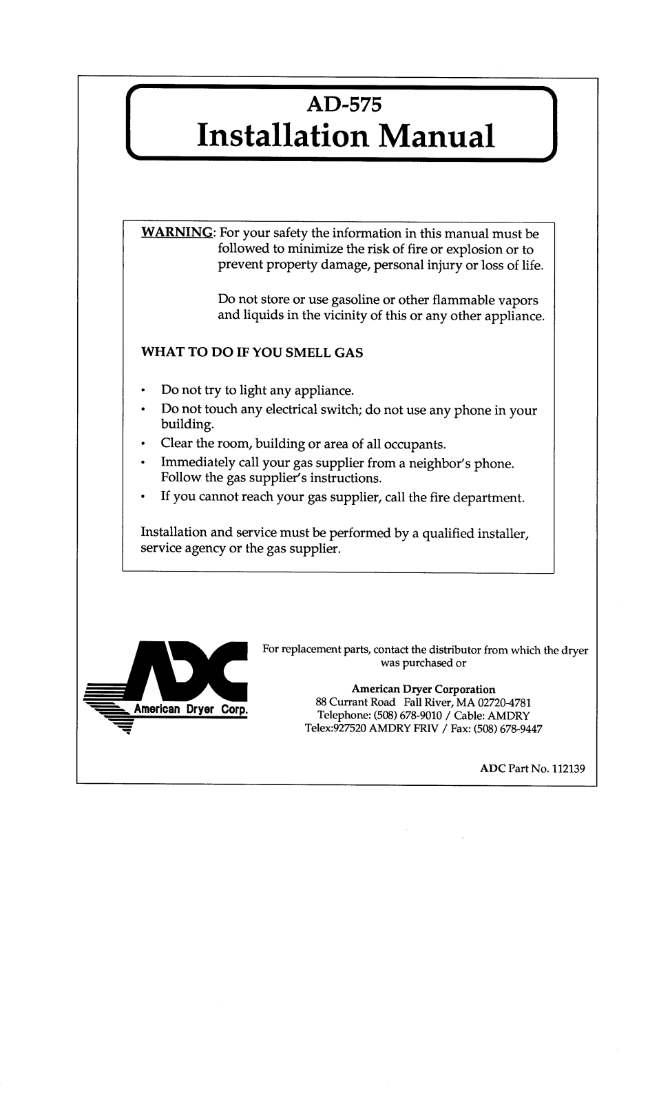 American Dryer Corp AD-575 User Manual