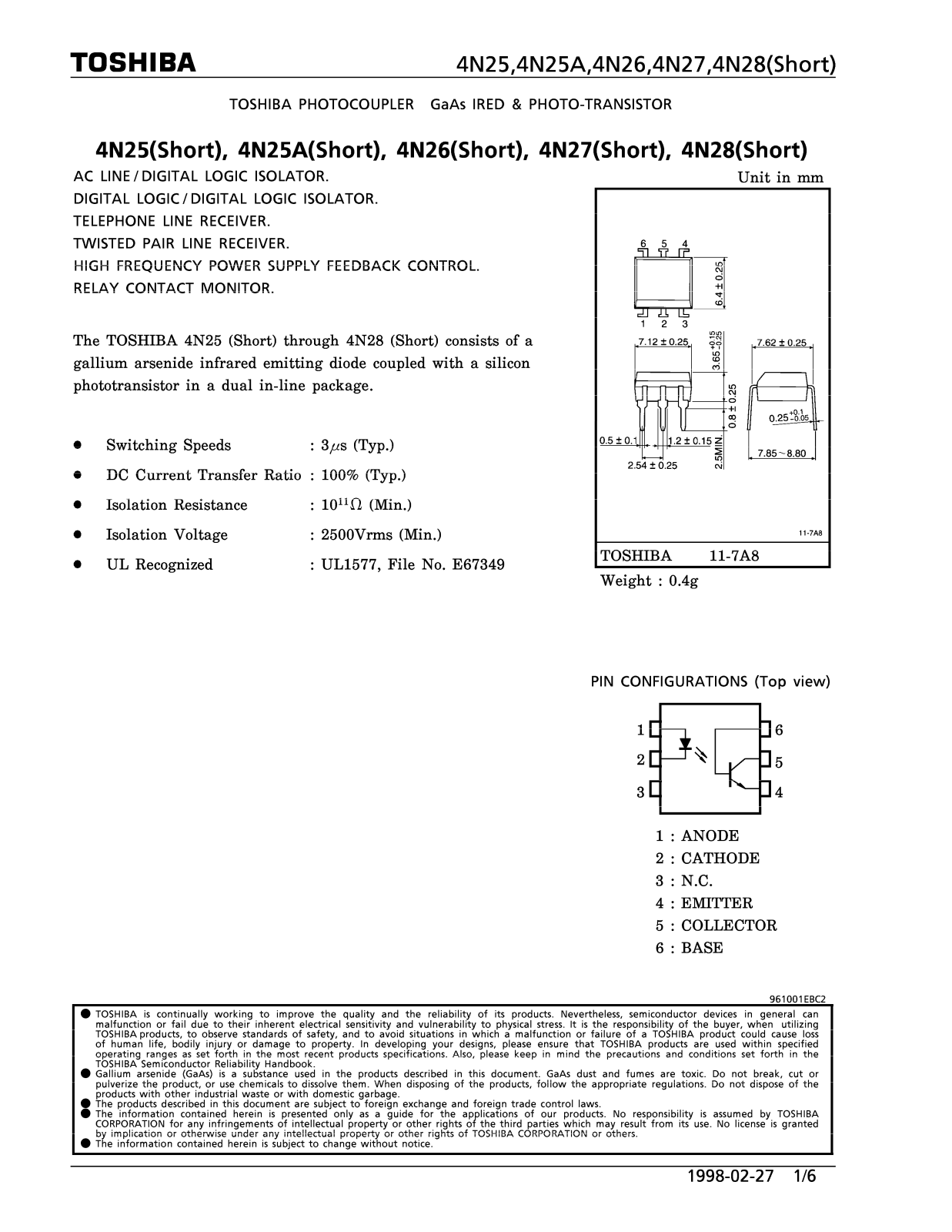 Toshiba 4N28, 4N25 Datasheet