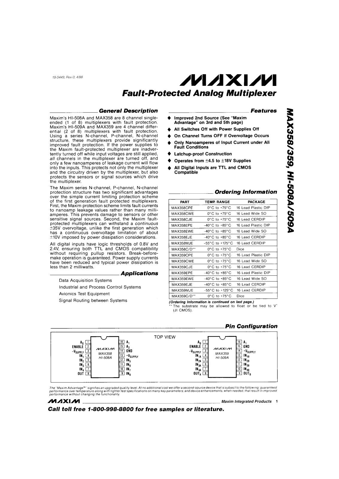 Maxim Integrated Producs HI3-0509A-5, HI1-0509A-5, HI1-0509A-2, HI1-0508A-5, HI1-0508A-2 Datasheet