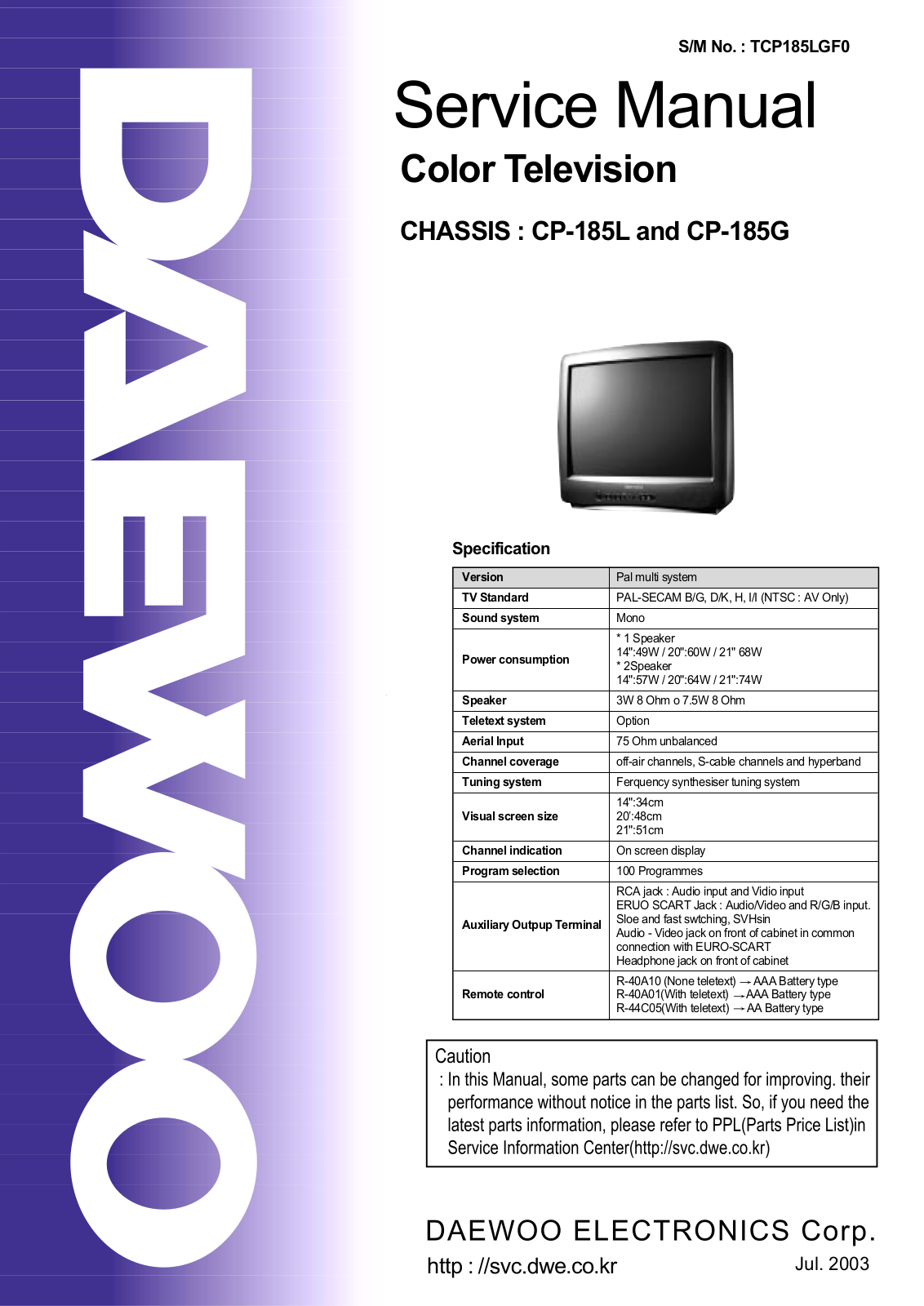 DAEWOO CP-185L, CP-185G Service Manual