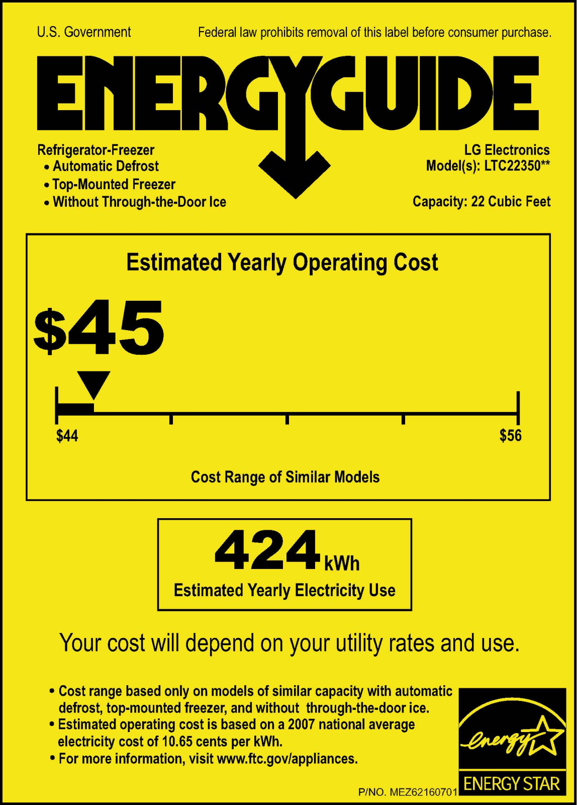 LG LTC22350WH, LTC22350SS Energy Guide