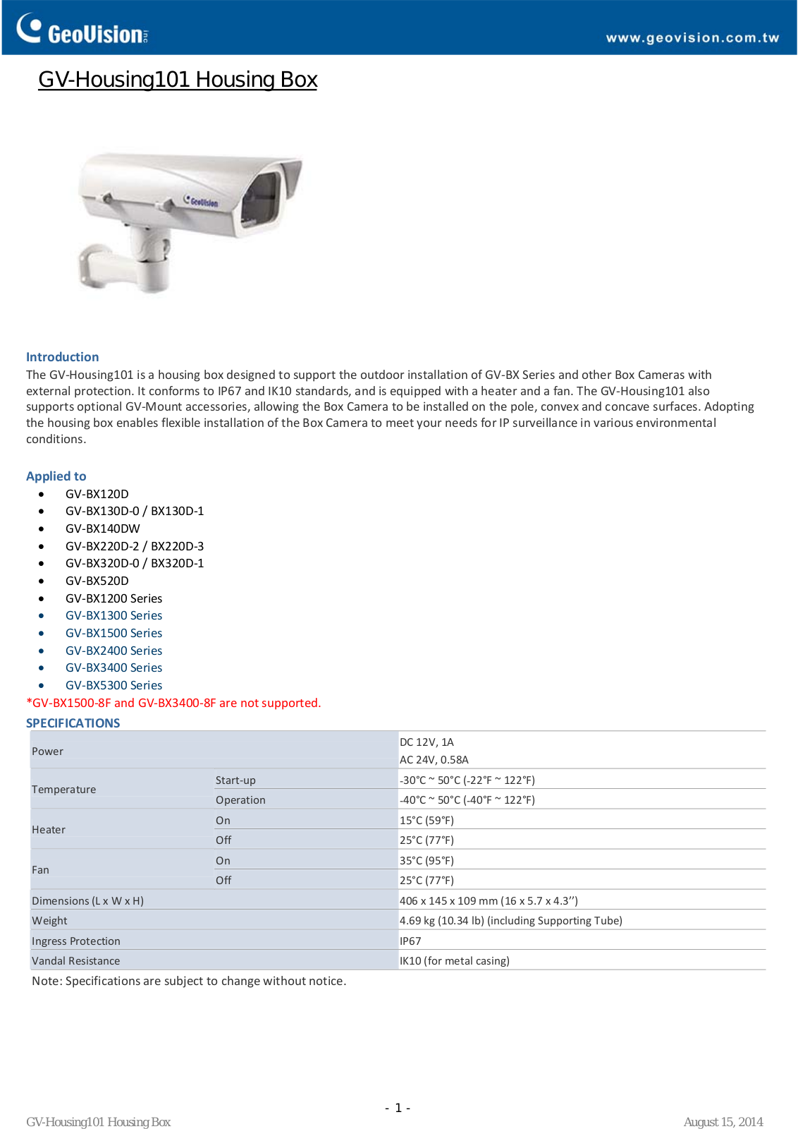 Geovision GV-Housing101 Specsheet