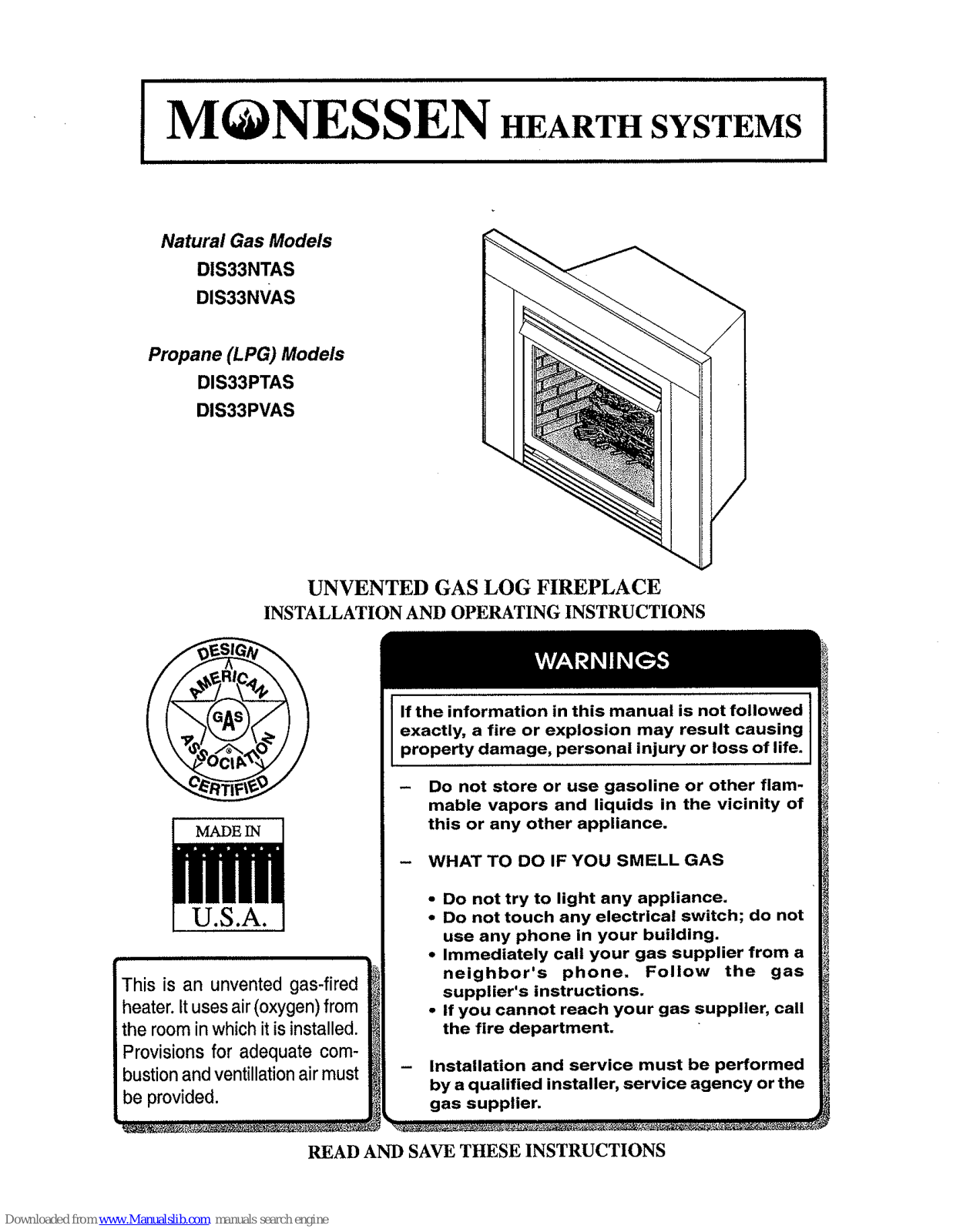 Monessen Hearth DIS33NTAS, DIS33NVAS, DIS33PTAS, DIS33PVAS Installation And Operating Instrictions