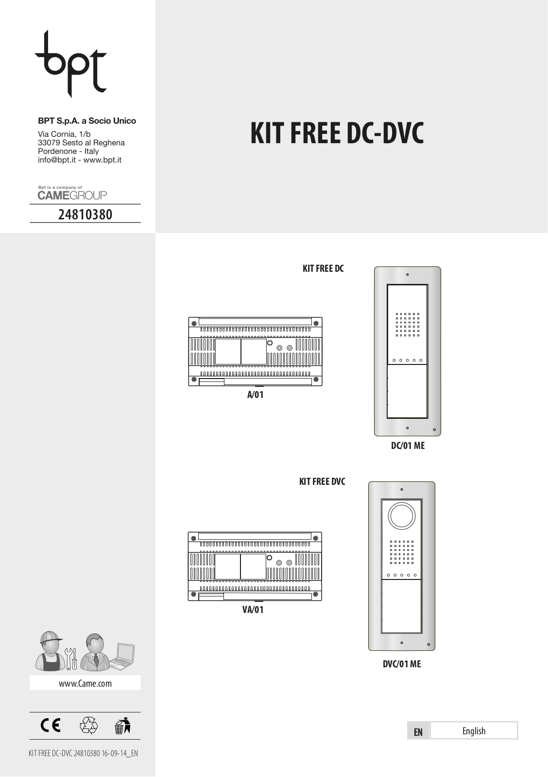 CAME BPT KIT FREE DVC, BPT KIT FREE DC Series, BPT KIT FREE DVC VA/01, BPT KIT FREE DC A/01, BPT KIT FREE DC/01 ME Series Manual