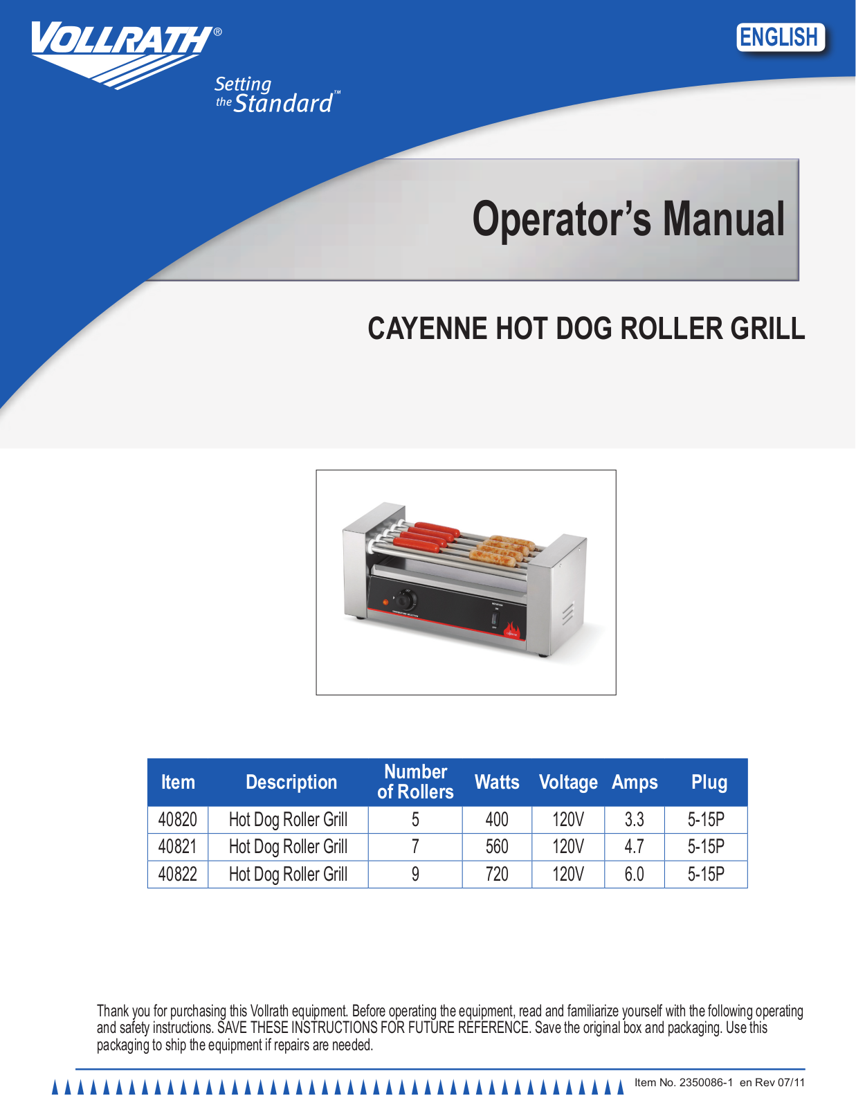 Vollrath Cayenne Hot Dog Roller Grills User Manual