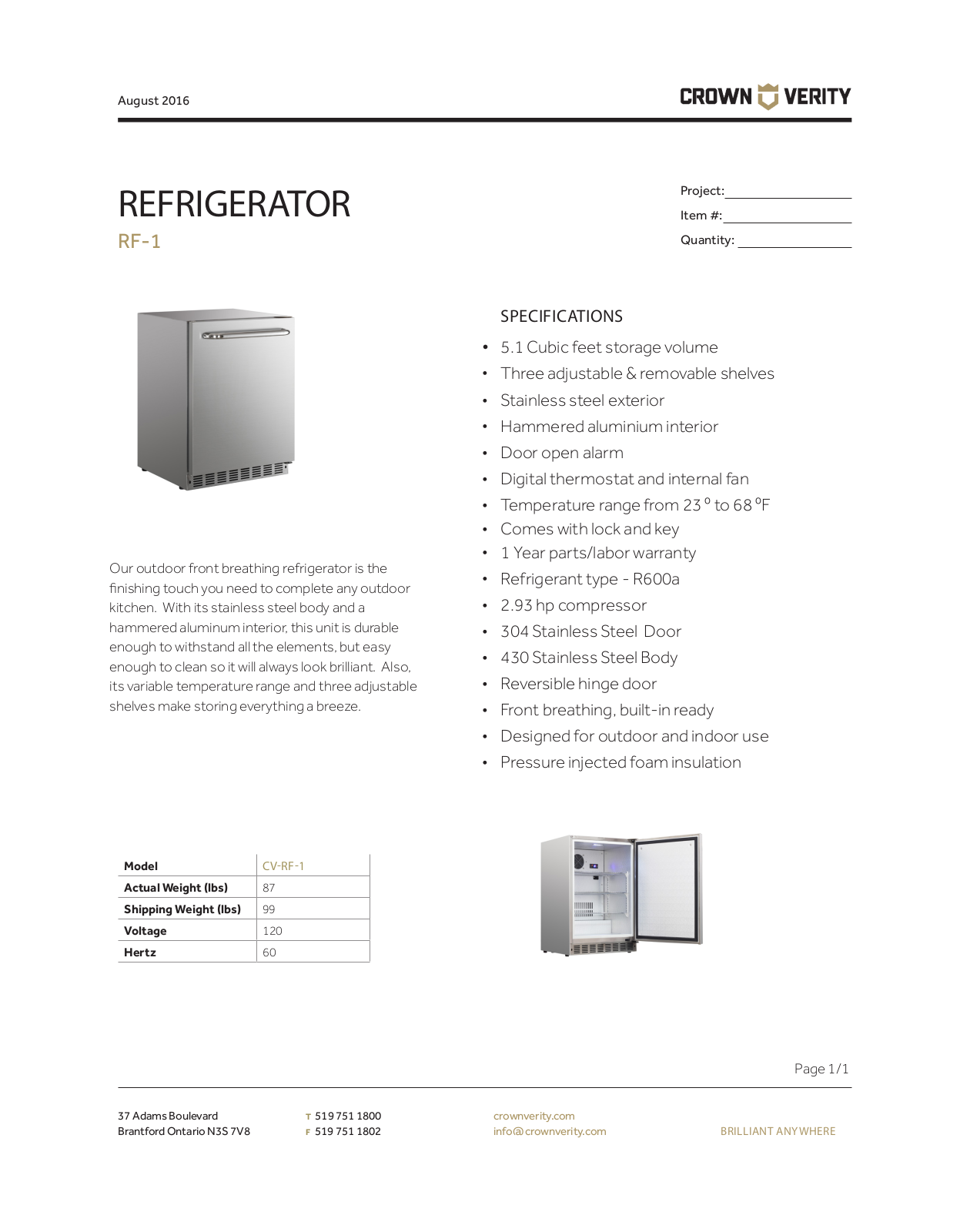 Crown Verity RF-1 SPECIFICATIONS