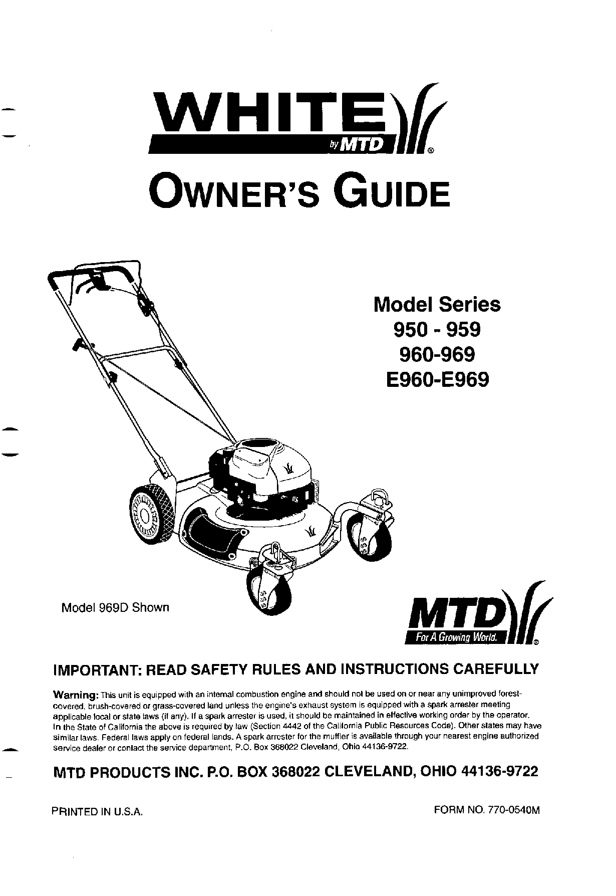 MTD E960, 960, 950, 969, E969 User Manual