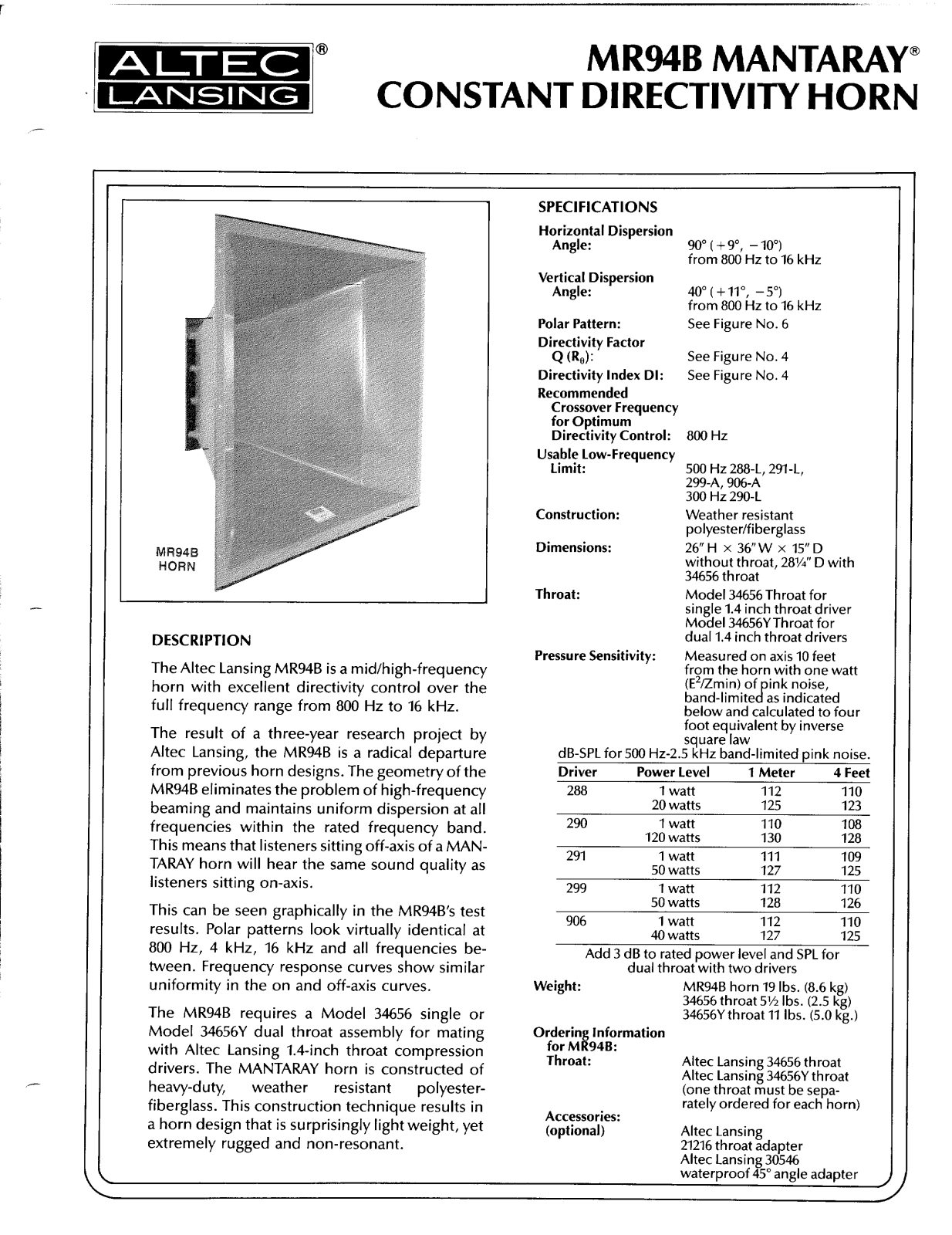 Altec lansing MR94B HF HORN User Manual