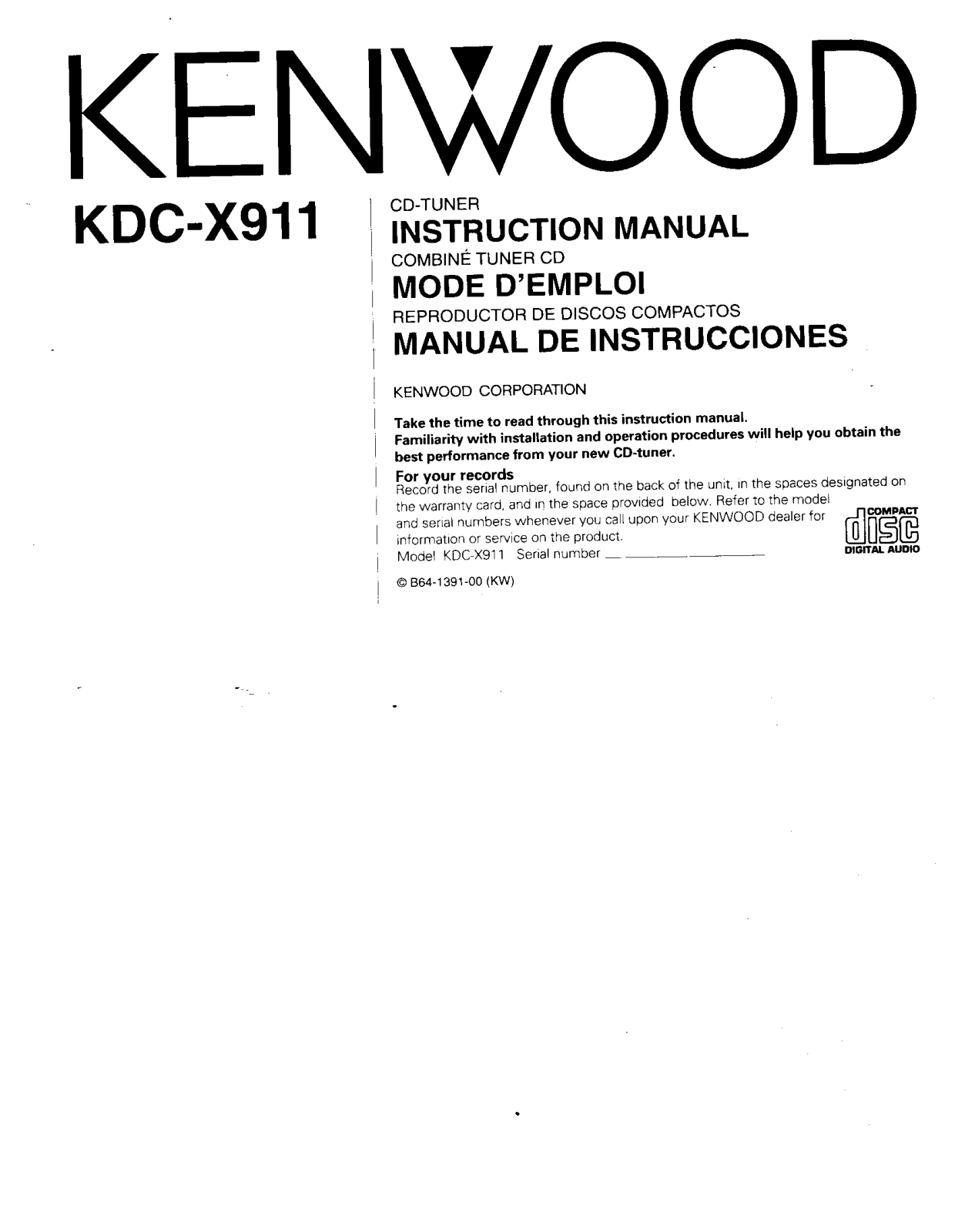 Kenwood KDC-X911 User Manual