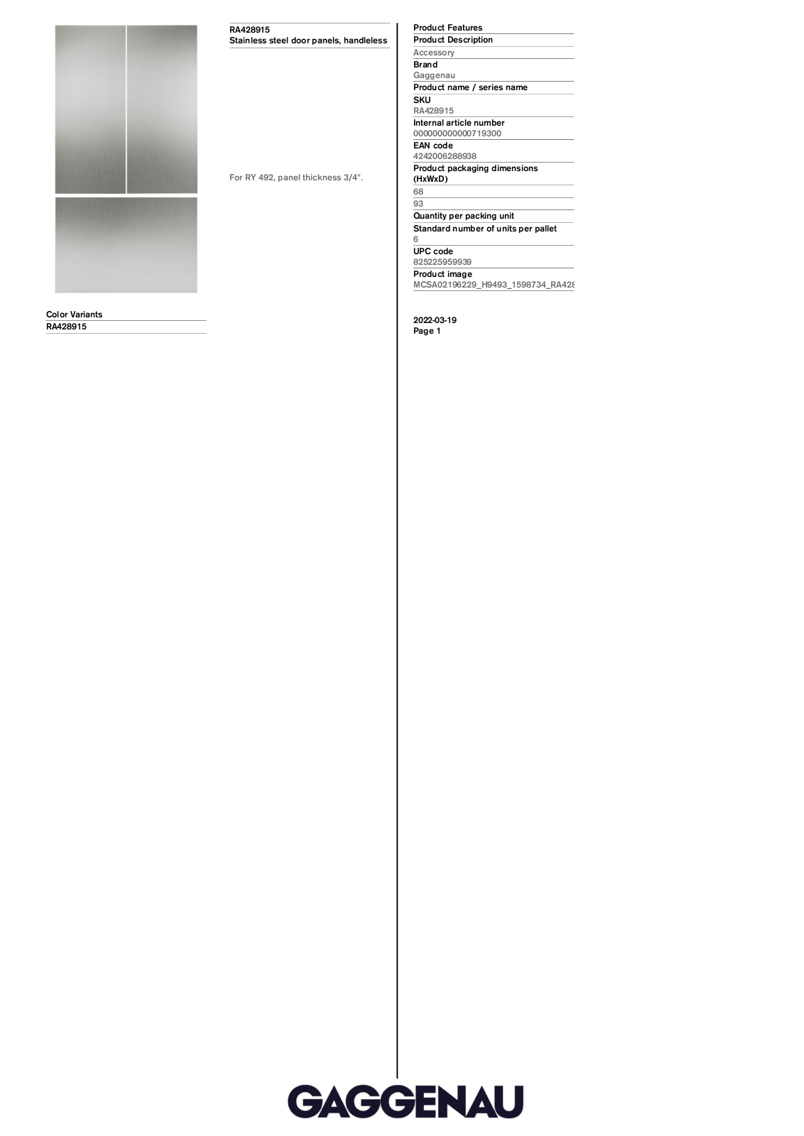 Gaggenau RA428915 Product specification sheet