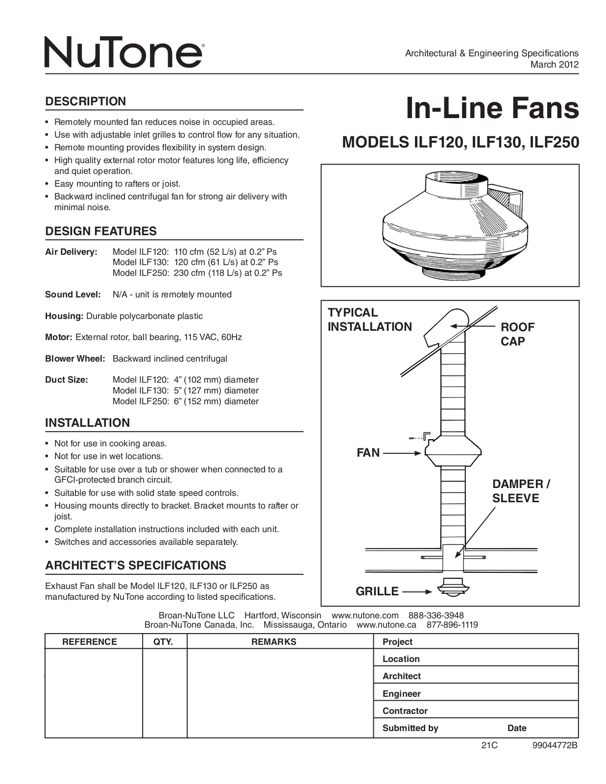 Broan NuTone BQNU1012 Specifications - ManualMachine.com