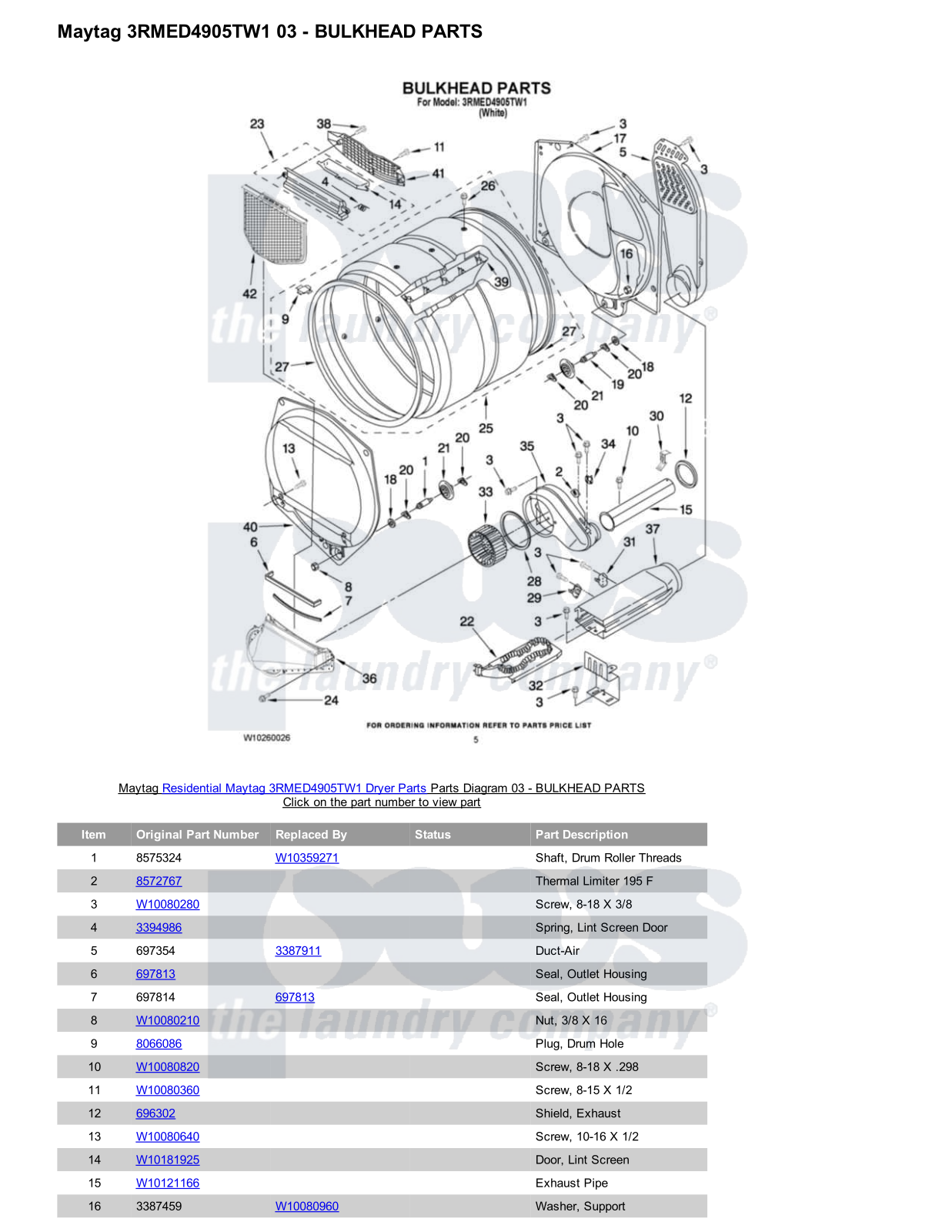 Maytag 3RMED4905TW1 Parts Diagram