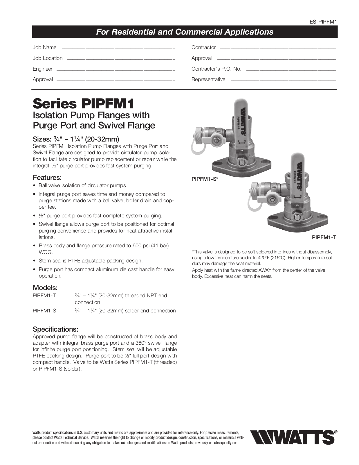 Watts PIPFM1 User Manual