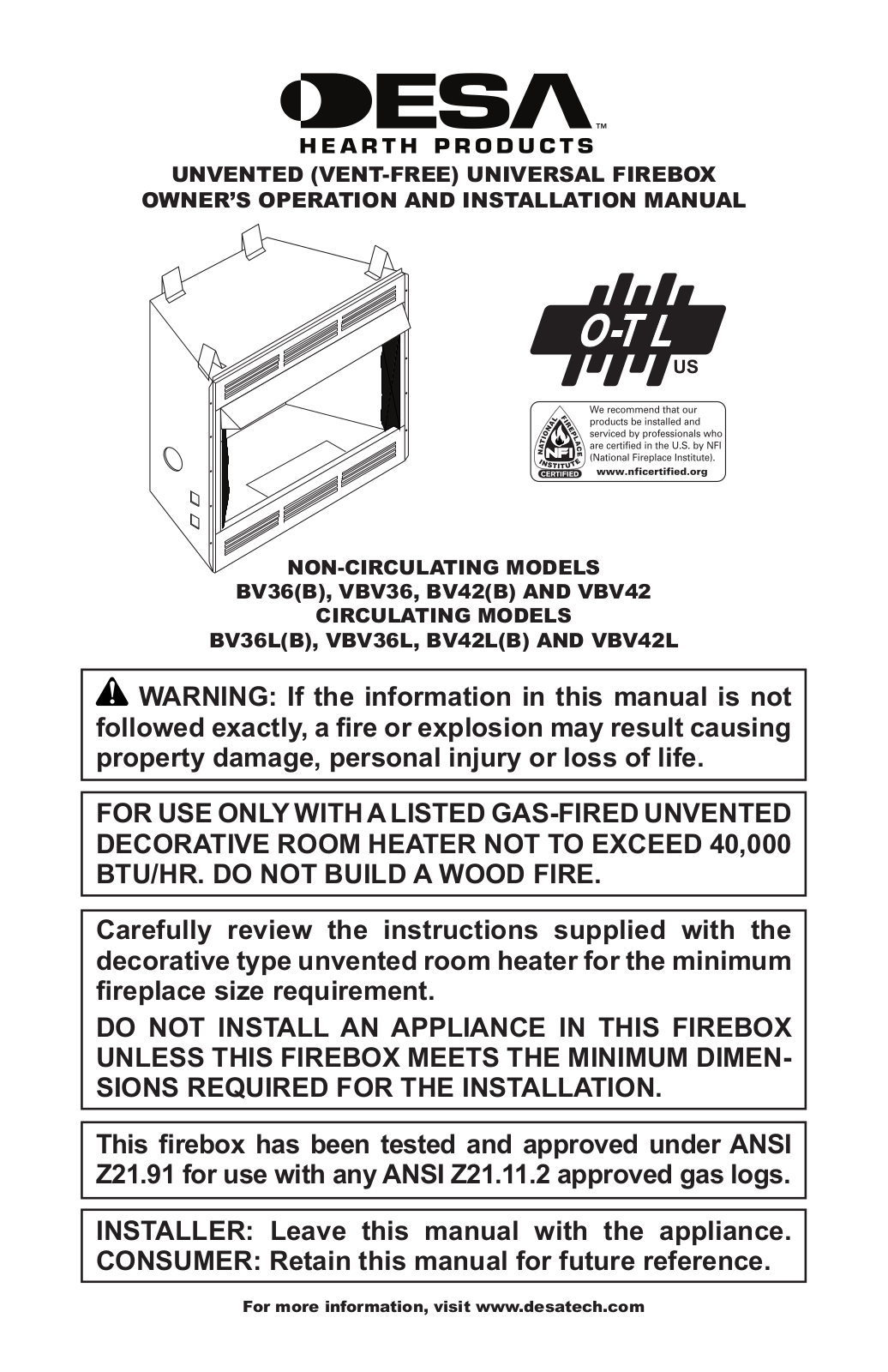 Desa BV36, VBV36, BV42, BV42B, BV36B Owner's Operation And Installation Manual