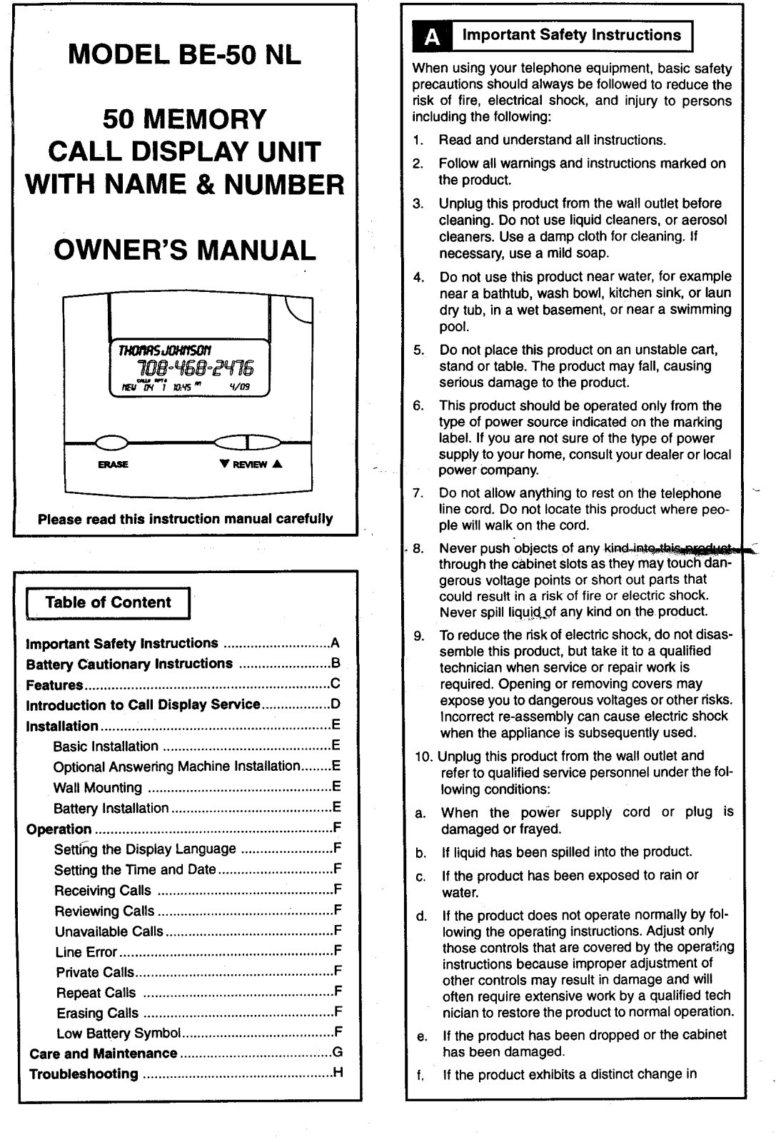 Astra 50 NL Caller ID User Guide