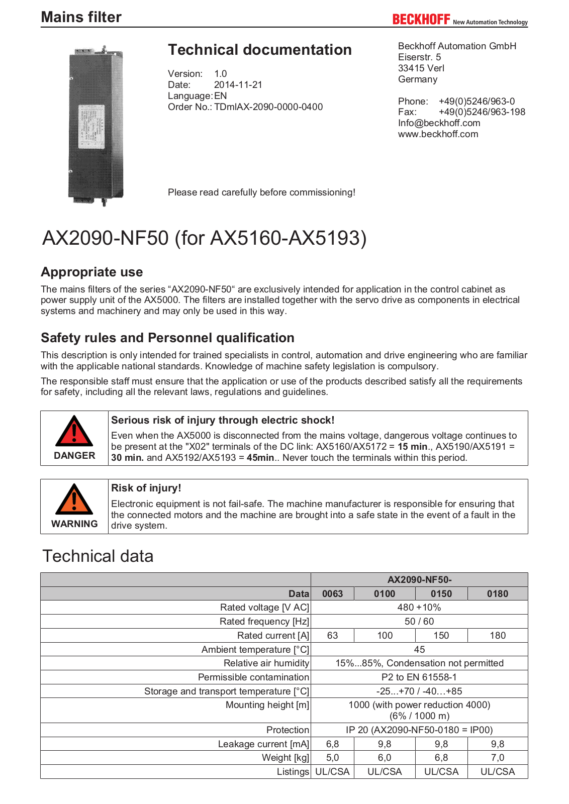 BECKHOFF AX2090-NF50 User Manual