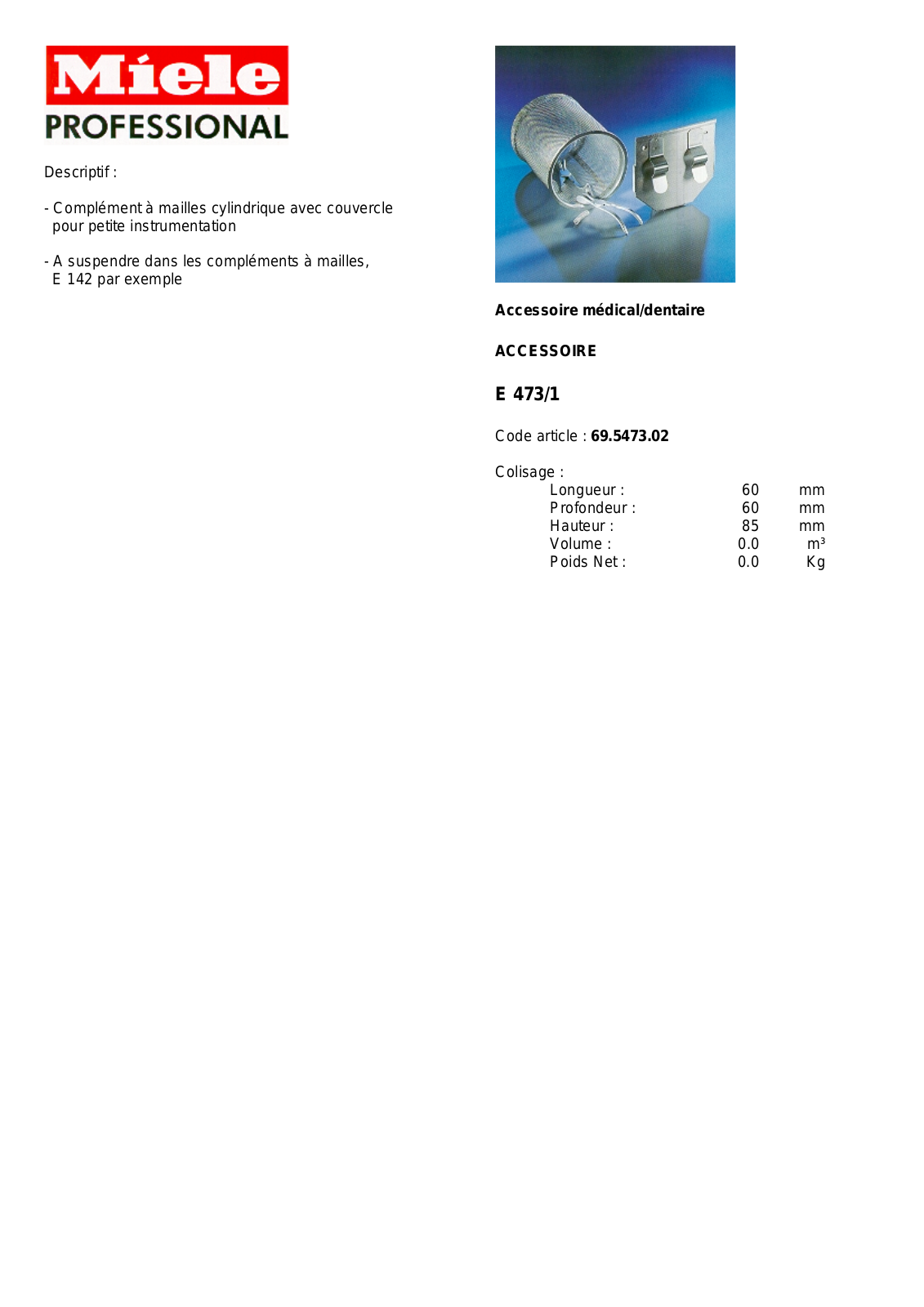 MIELE E 473-1 DESCRIPTIF User Manual