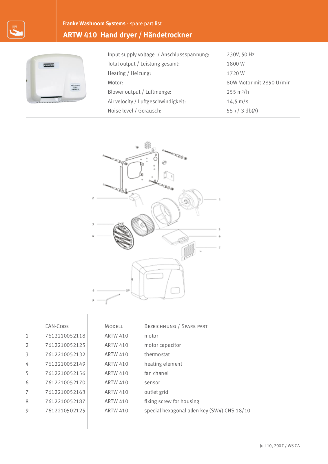 Franke Foodservice ARTW 410 Parts List