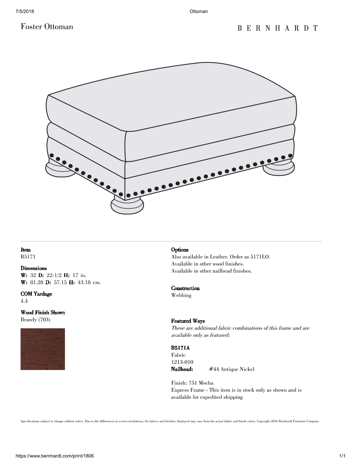 Bernhardt W003451423 Specifications - ManualMachine.com